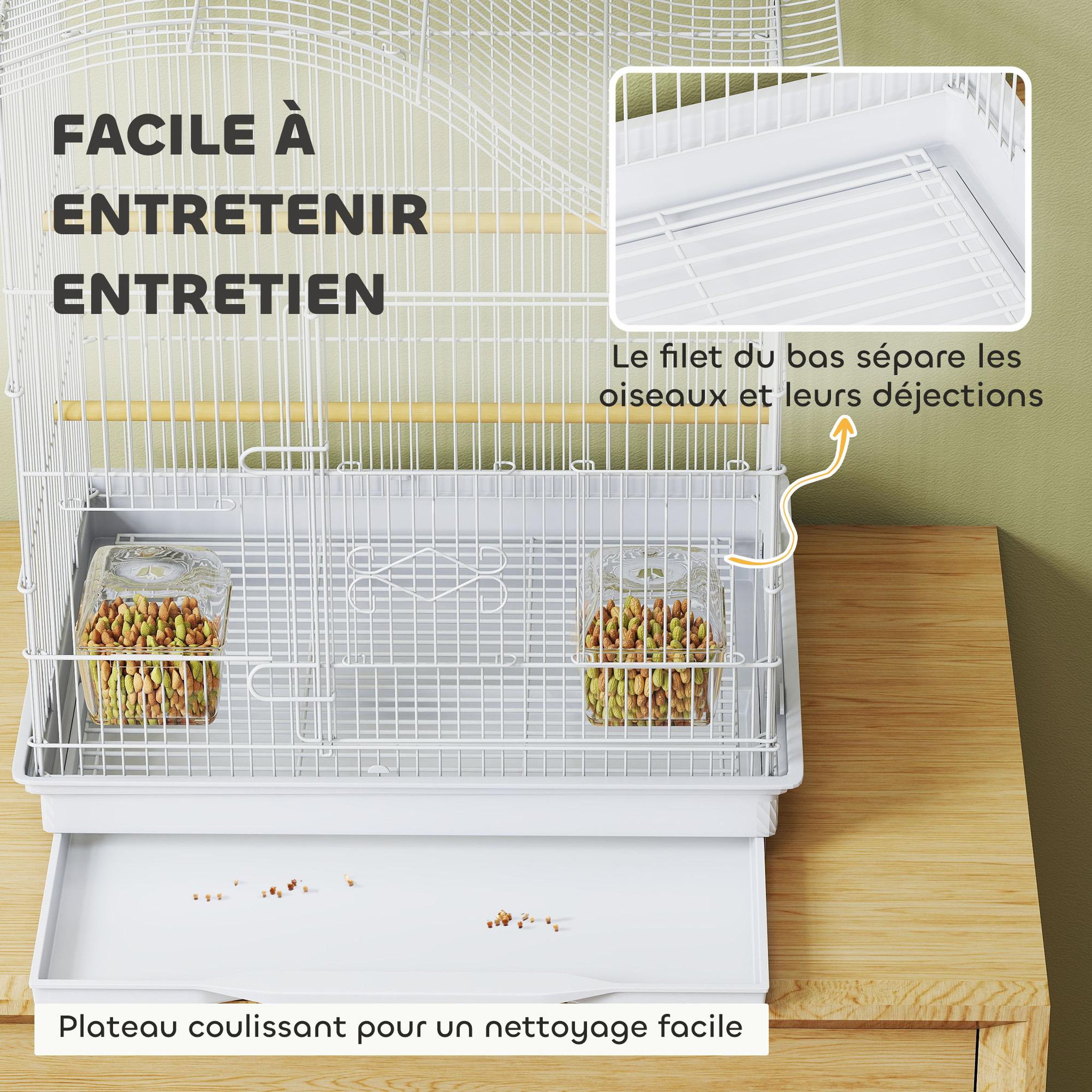 Voir la diapositive 6 : PAWHUT Cage à oiseau 4 portes 2 perchoirs 2 mangeoires plateau coulissant poignée blanc