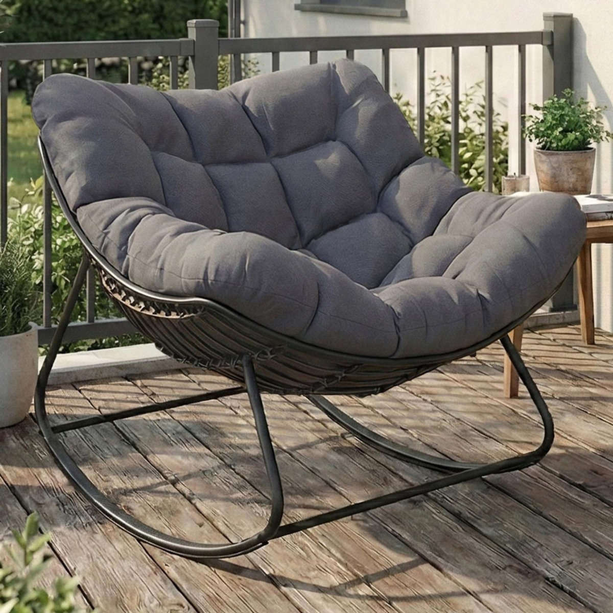 ID MARKET Fauteuil de jardin à bascule LOA effet rotin gris avec coussin gris