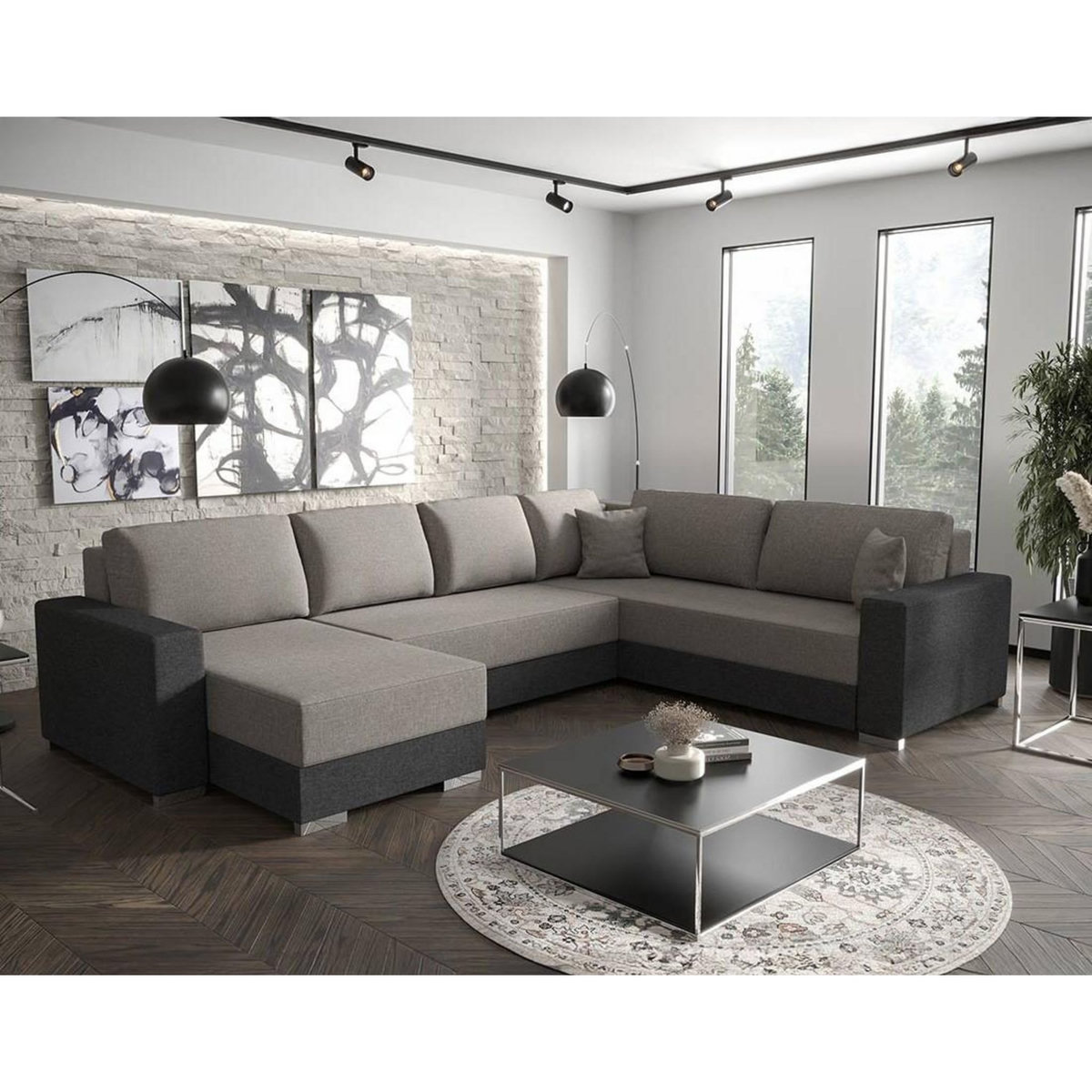 BEST MOBILIER Epona - canapé panoramique d'angle réversible 7 places convertible avec coffre en tissu