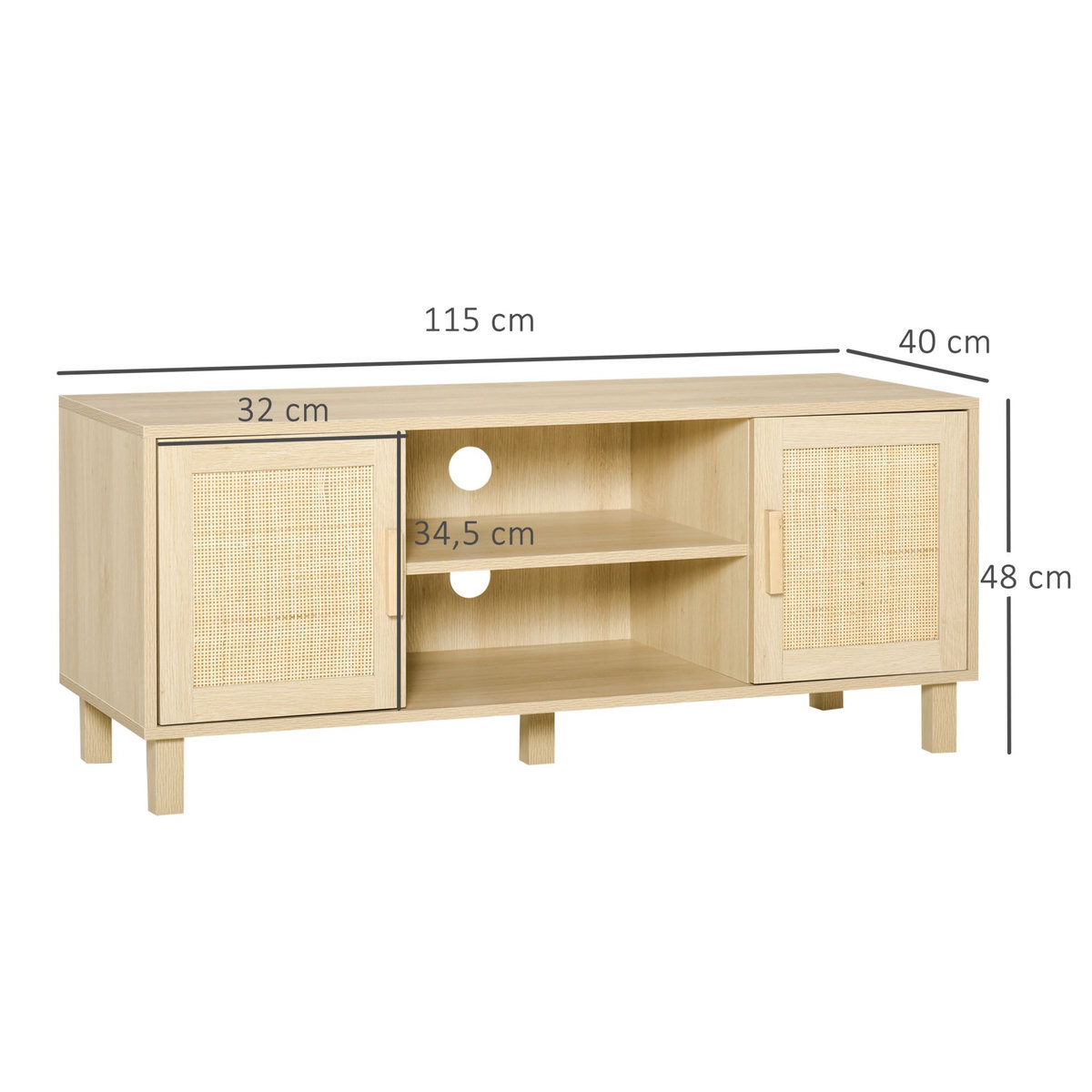 HOMCOM Meuble TV banc TV 2 niches 2 placards porte cannage en rotin dim. 115L x 40l x 48H cm MDF aspect bois clair