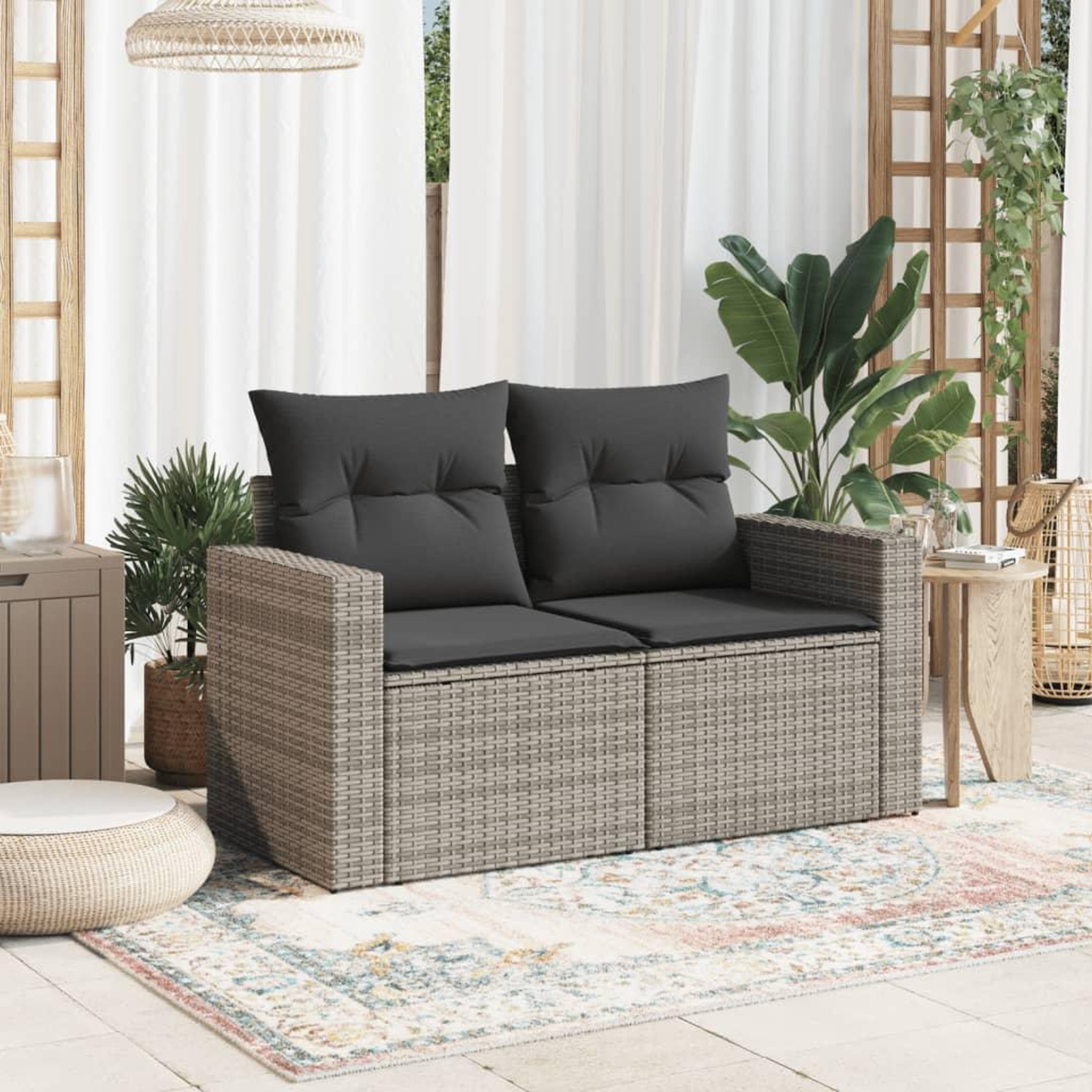 Voir la diapositive 3 : VIDAXL Canape de jardin 2 places avec coussins gris resine tressee