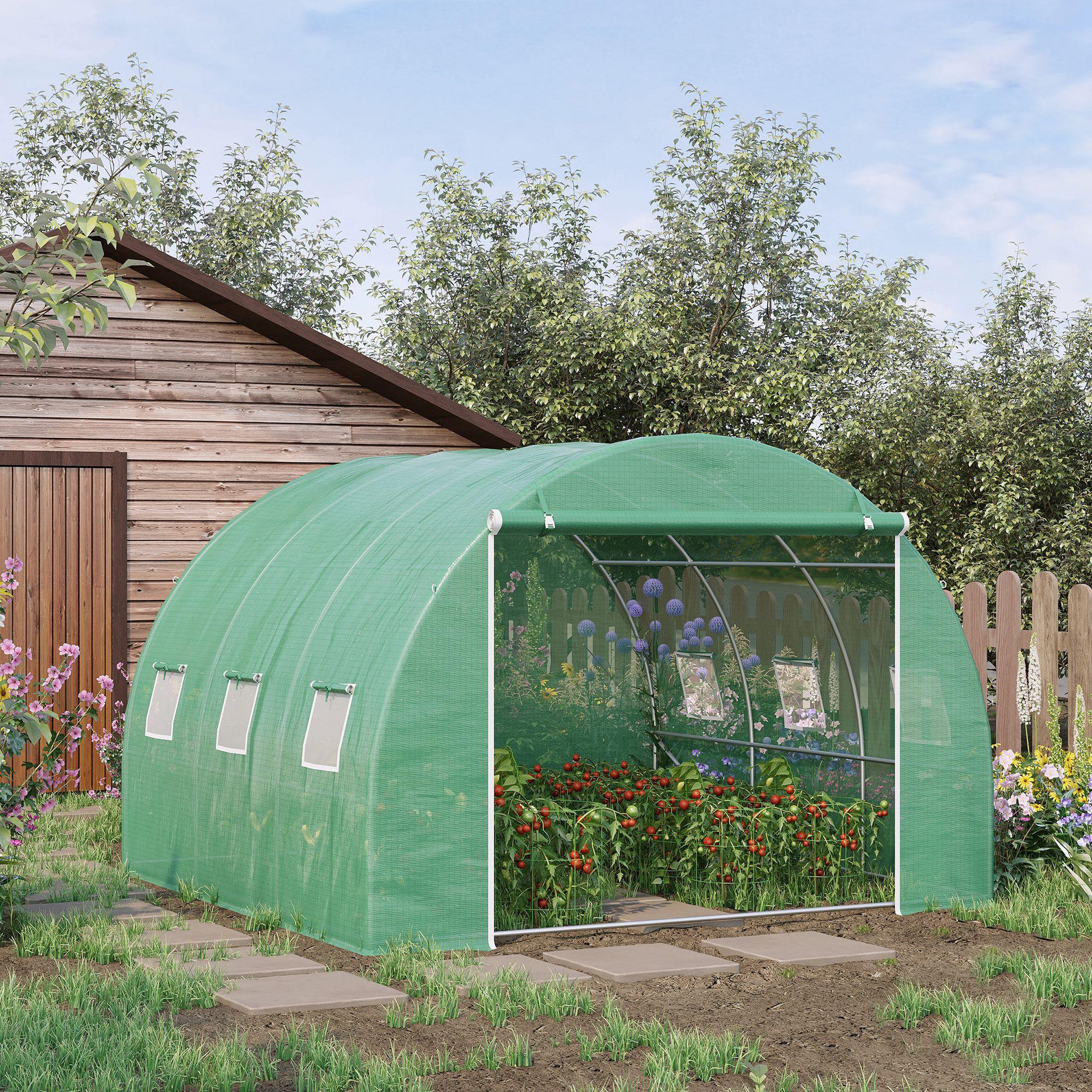 Voir la diapositive 2 : OUTSUNNY Serre tunnel 9 m² dim. 3 x 3 x 2 m - porte enroulable zippée, 6 fenêtres - acier galvanisé pe haute densité vert