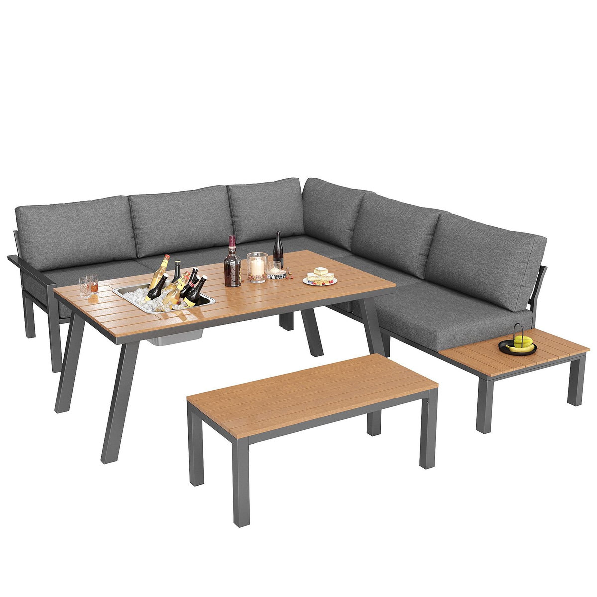 MERAX Salon de jardin 7 places en Métal avec table bac à glace, coussins, gris