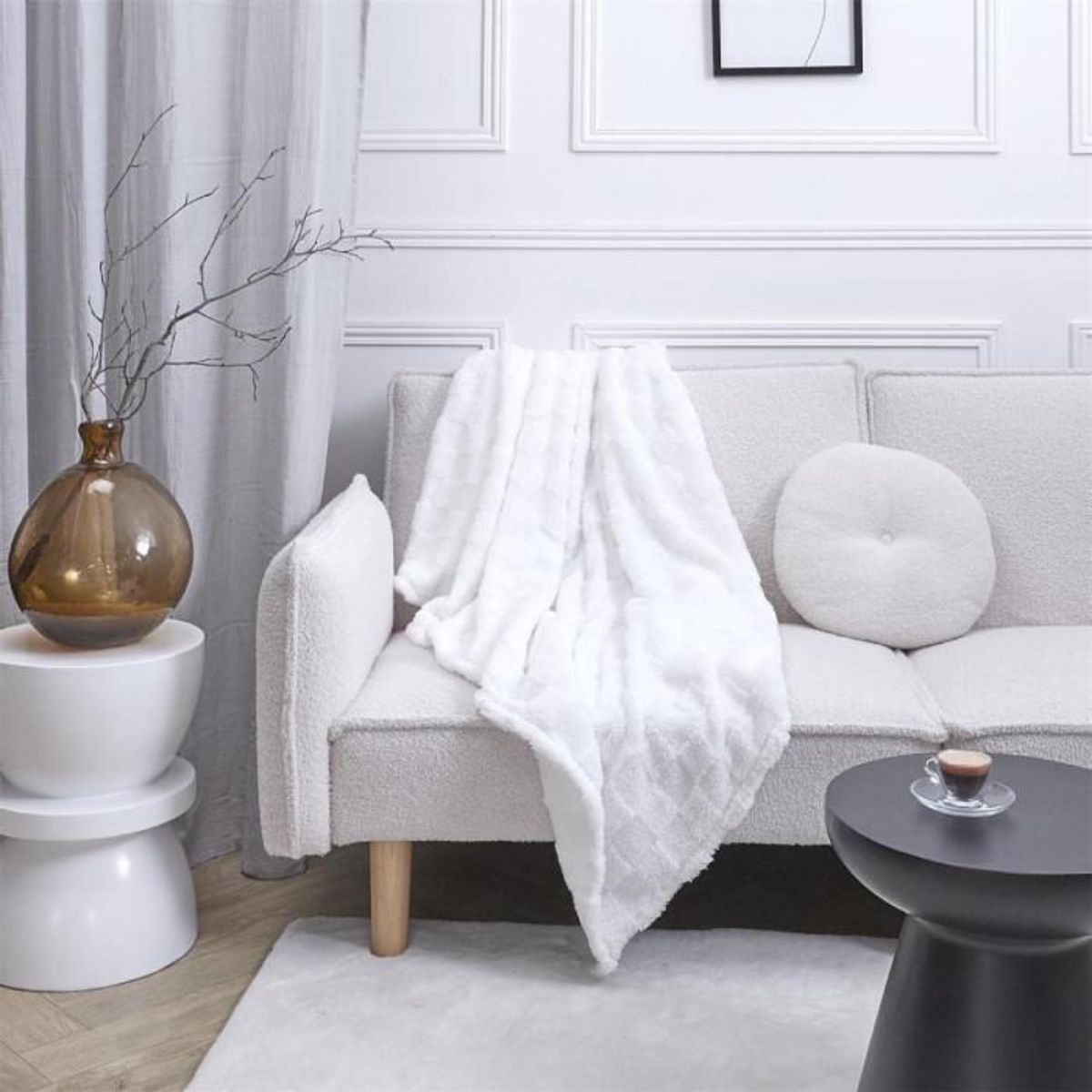 Paris Prix Plaid en Flanelle  Damier  120x150cm Blanc