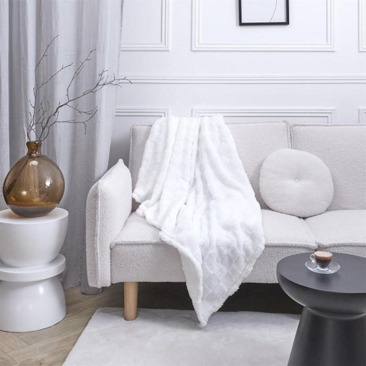 Paris Prix Plaid en Flanelle  Damier  120x150cm Blanc