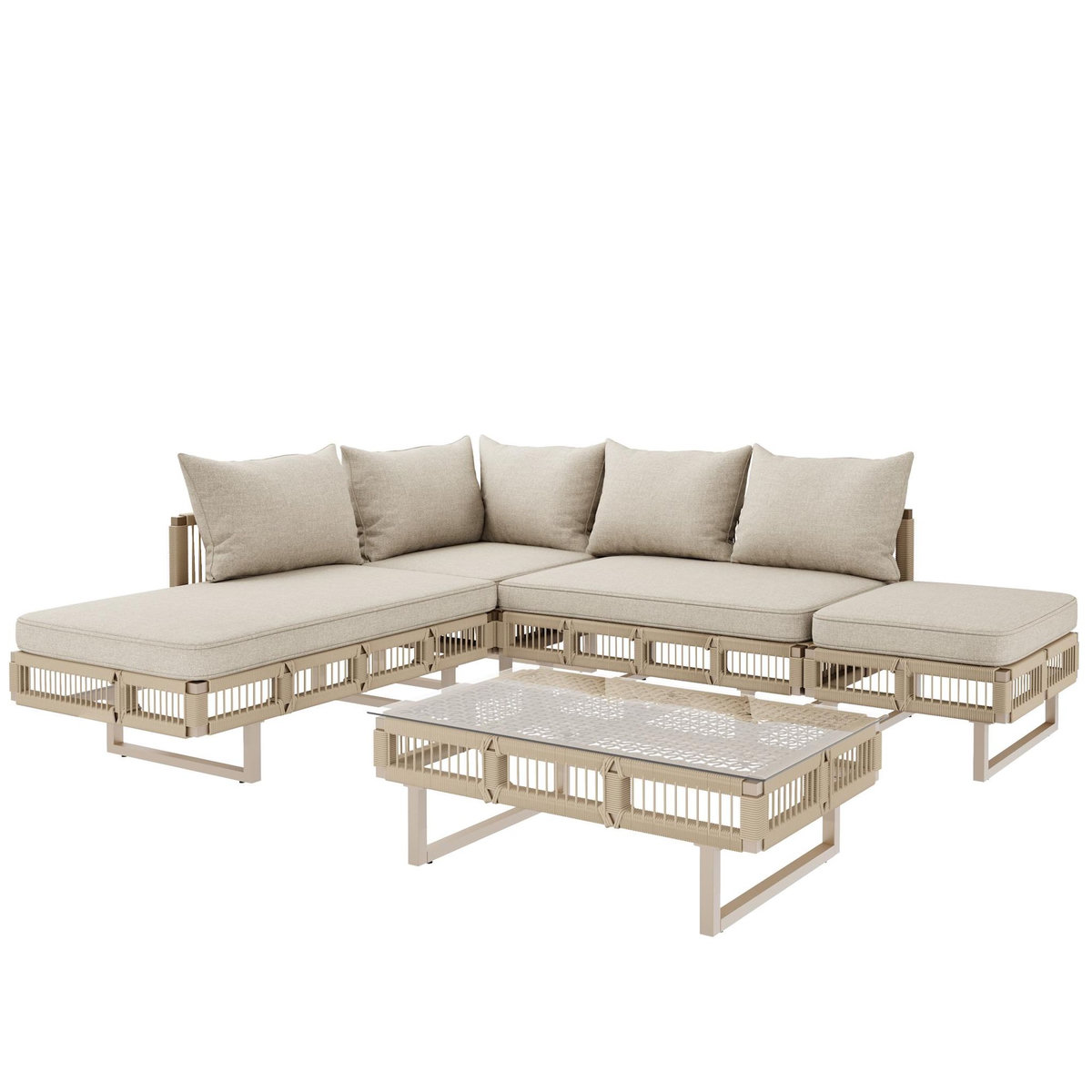 MERAX Salon de jardin modulaire pour 5-6 personnes en fer, avec coussins épais et table en verre