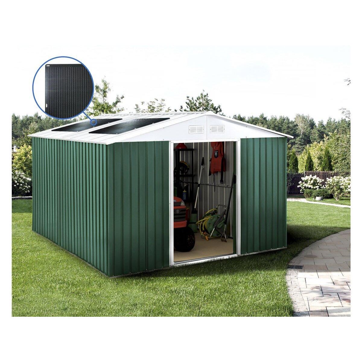 Habitat et Jardin Abri de jardin métal -  Rosas   - 10,85 m² avec panneaux solaires - Vert