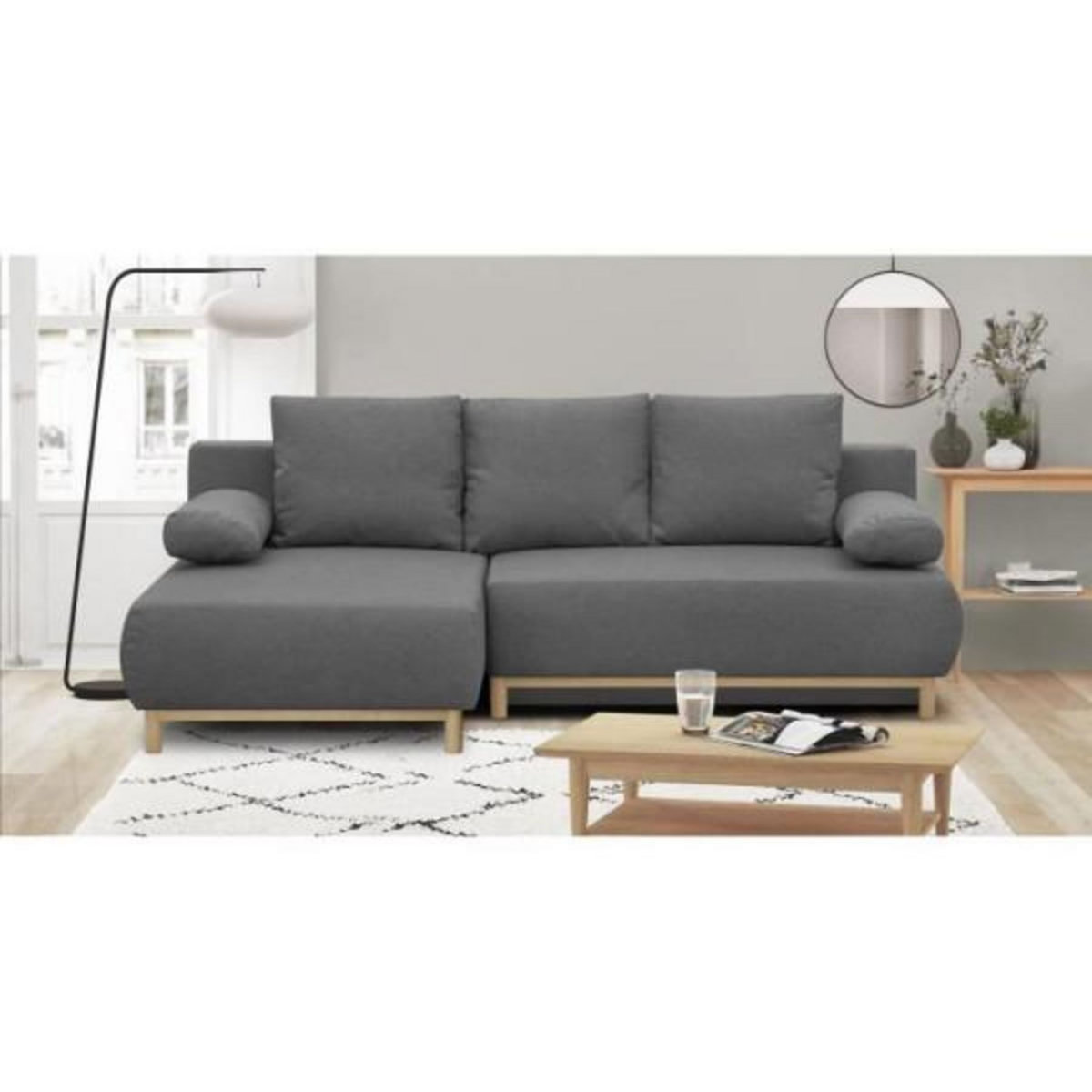 MARKET24 Canapé d'angle gauche convertible MIKA 3 places - Tissu gris clair - Coffre de rangement - L218 x P98/145 x H84 cm