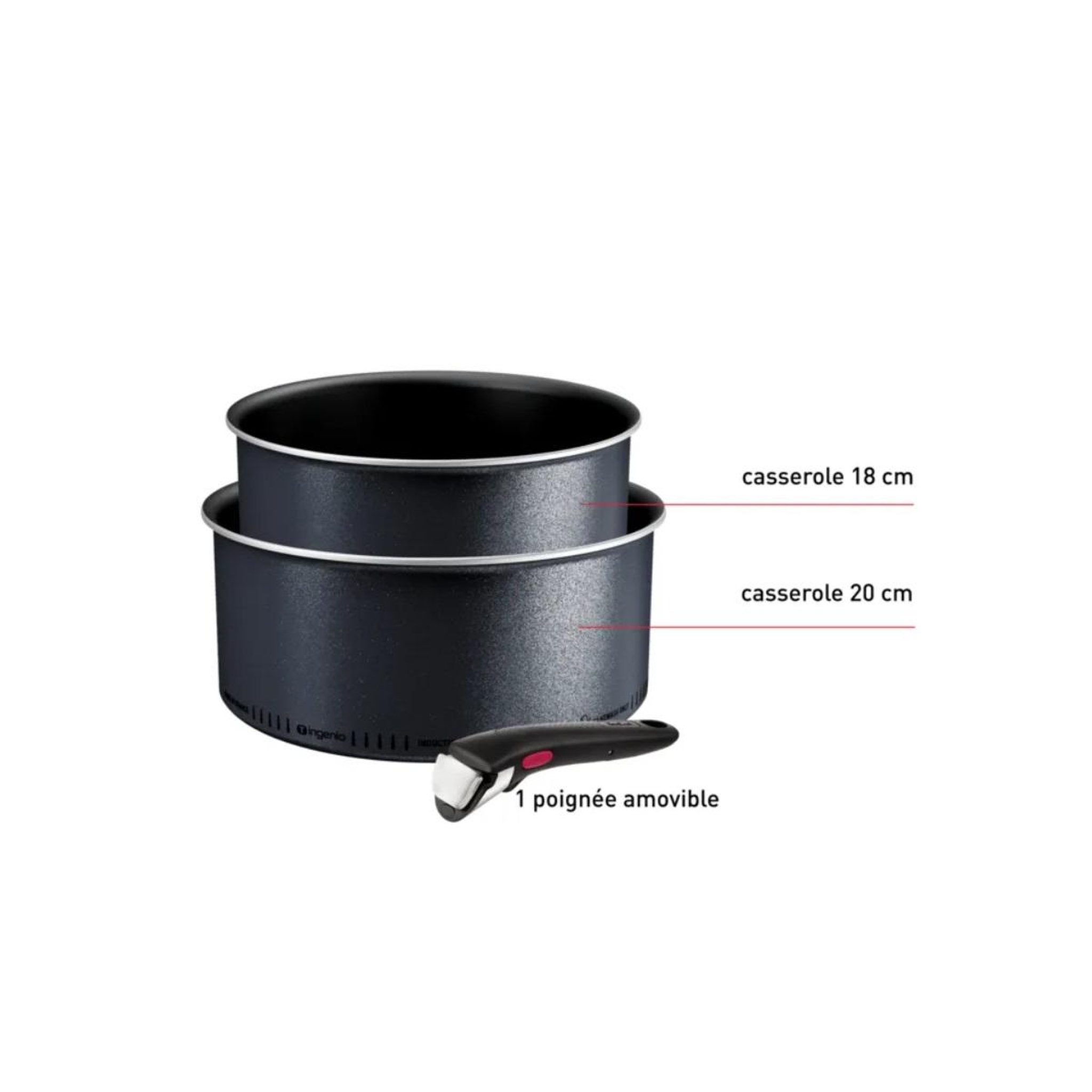 Voir la diapositive 3 : TEFAL Lot de 2 casseroles aluminium 18/20cm + 1 poignée noir - L7239003