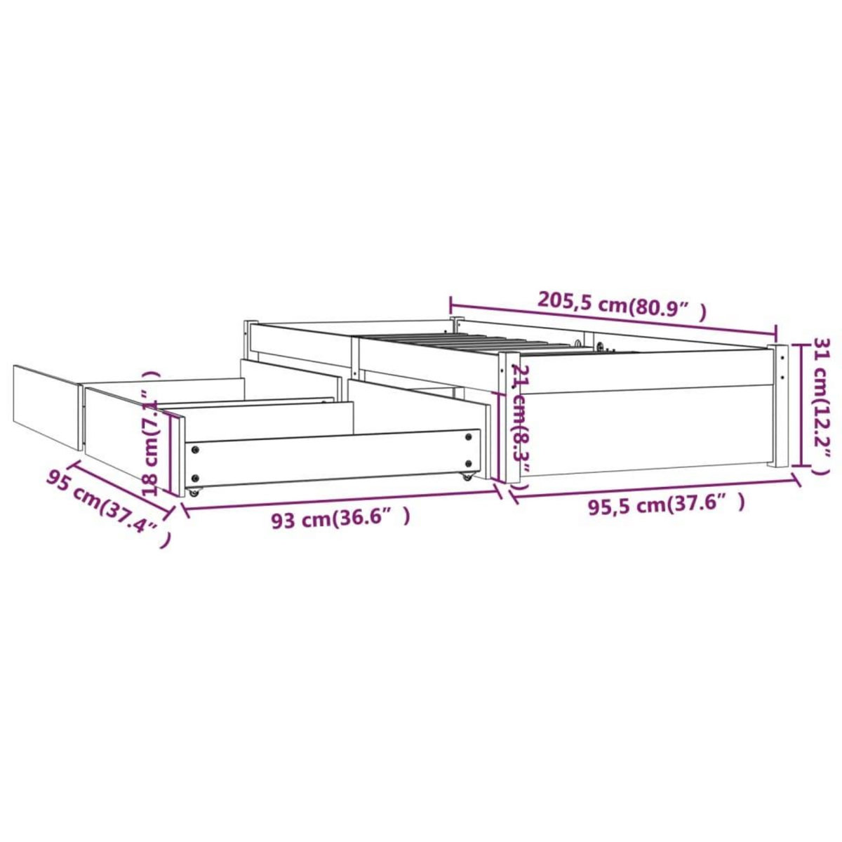 VIDAXL Cadre de lit sans matelas avec tiroirs blanc 90x200 cm