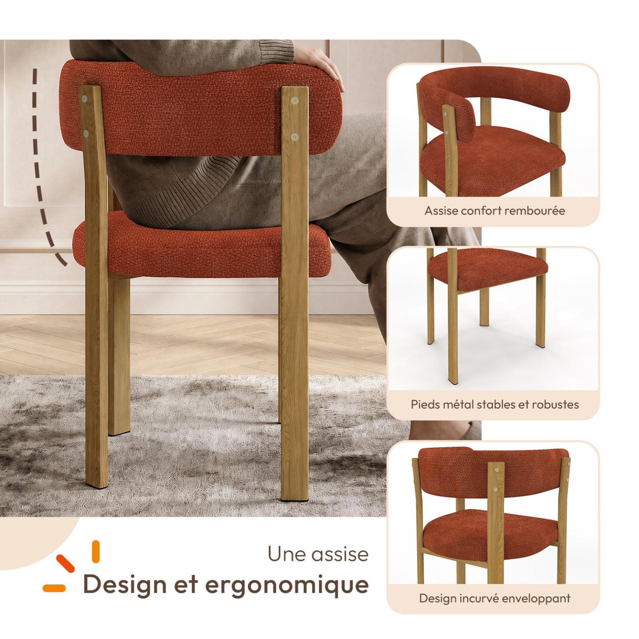 Voir la diapositive 3 : ID MARKET Lot de 2 chaises, fauteuils de table NELLA en tissu chenille terracotta pour salle à manger