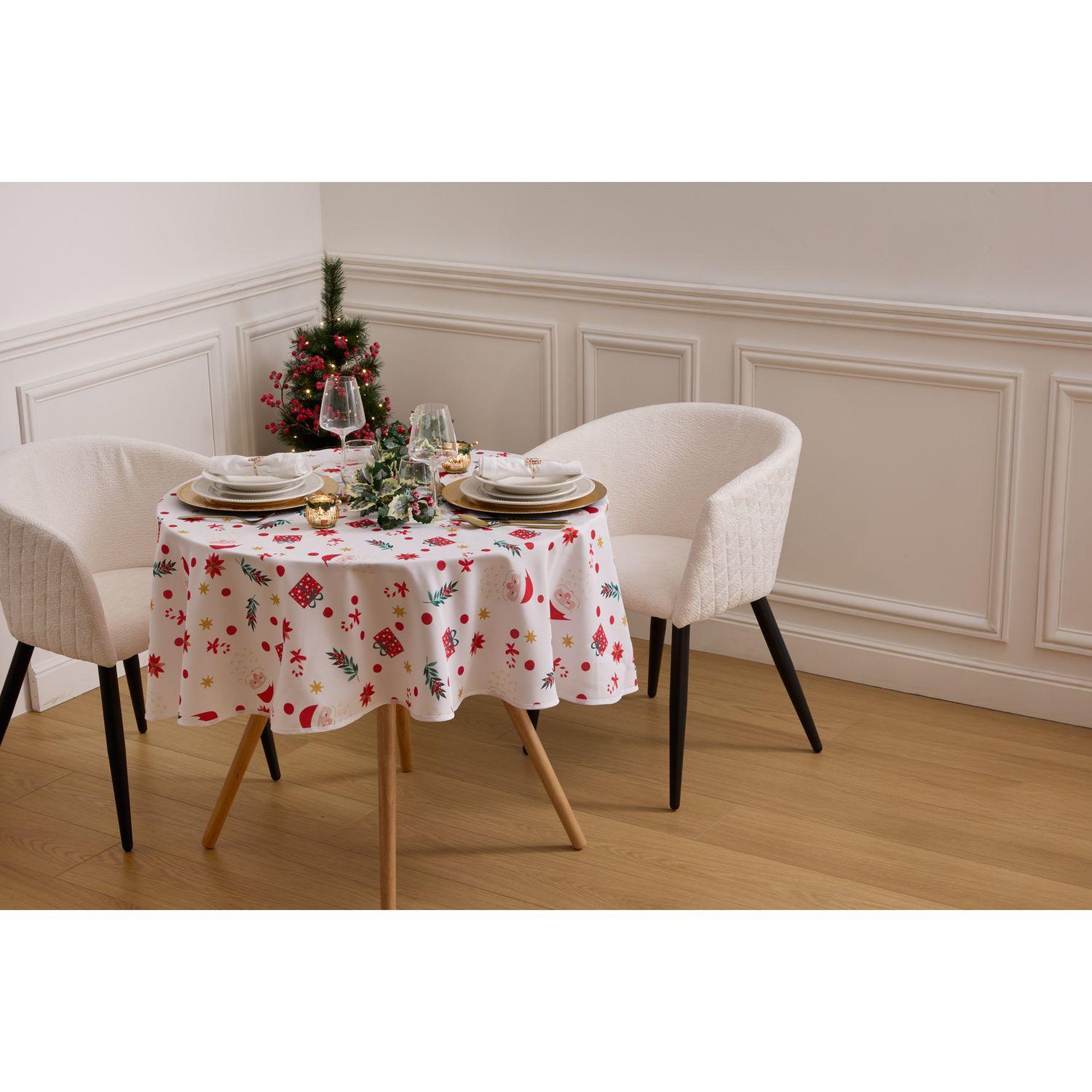 Voir la diapositive 2 : FEERIC LIGHT & CHRISTMAS Nappe de noël ronde antitache motif père noël - d. 180 cm