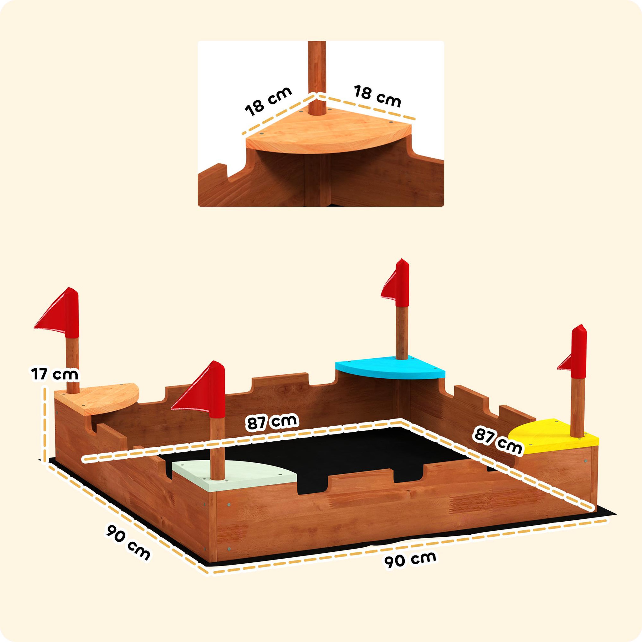 Voir la diapositive 3 : HOMCOM Bac à sable en bois design muraille - 4 drapeaux et sièges, doublure - dim. 90 x 90 x 17 cm - bois sapin pré-huilé