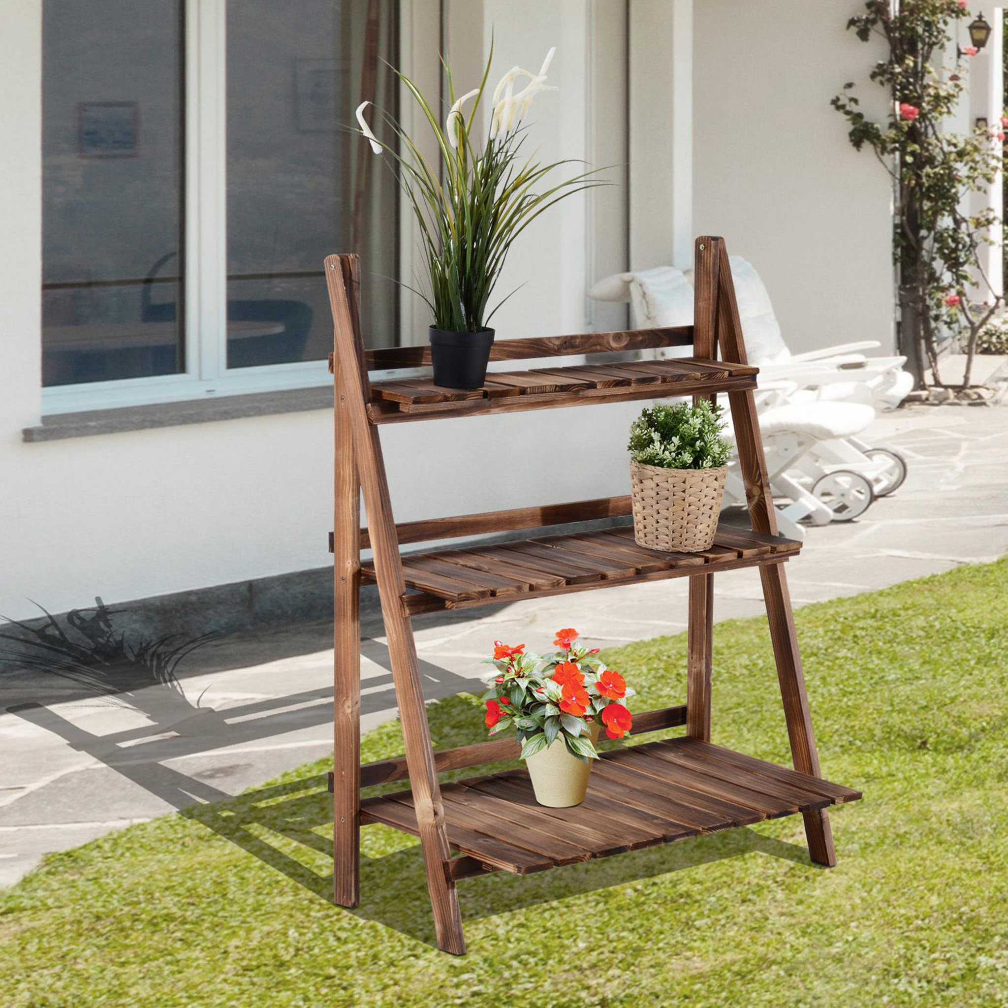 Voir la diapositive 2 : OUTSUNNY Étagère à plantes forme pyramidale échelle pliante avec 3 étagères - dim. 80L x 37l x 93H cm - bois sapin traité carbonisation