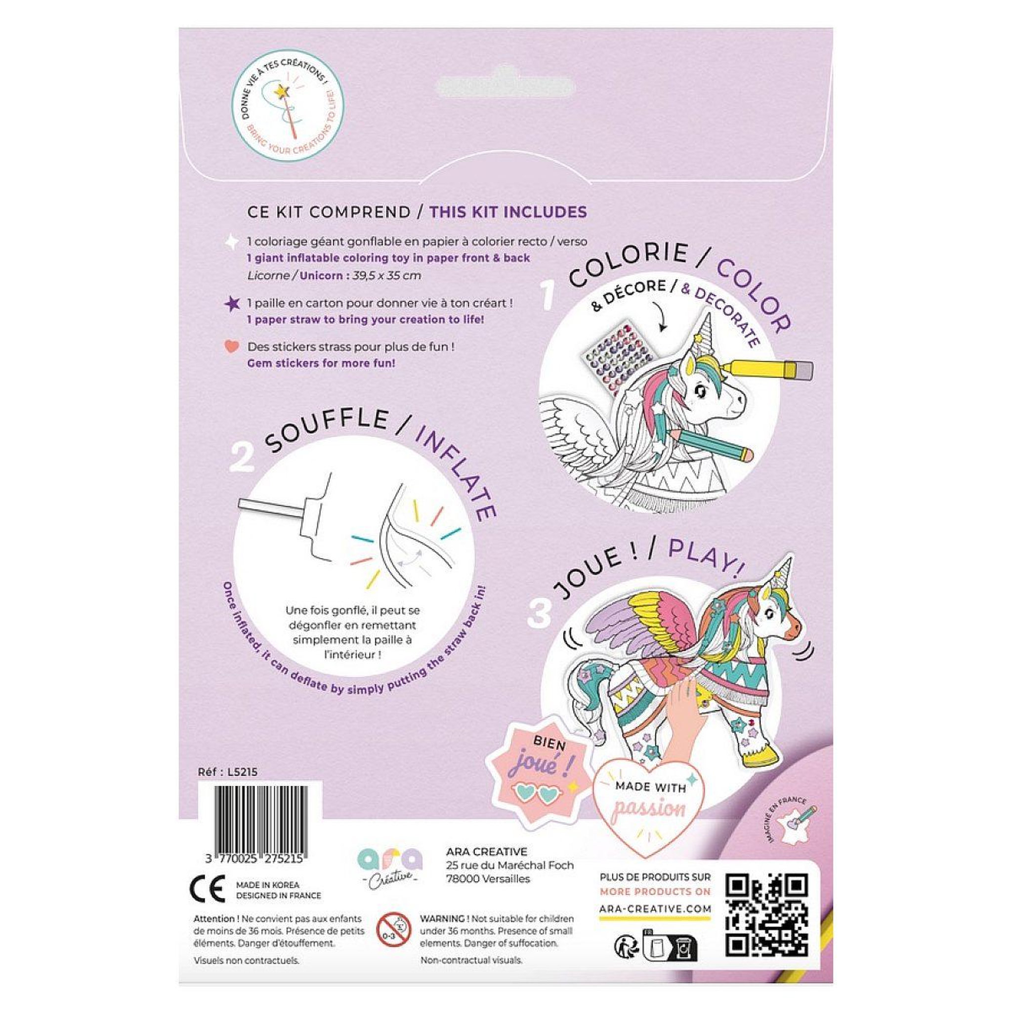 Voir la diapositive 2 : ARA CREATIVE Coloriages gonflable – 1 licorne geante a colorier