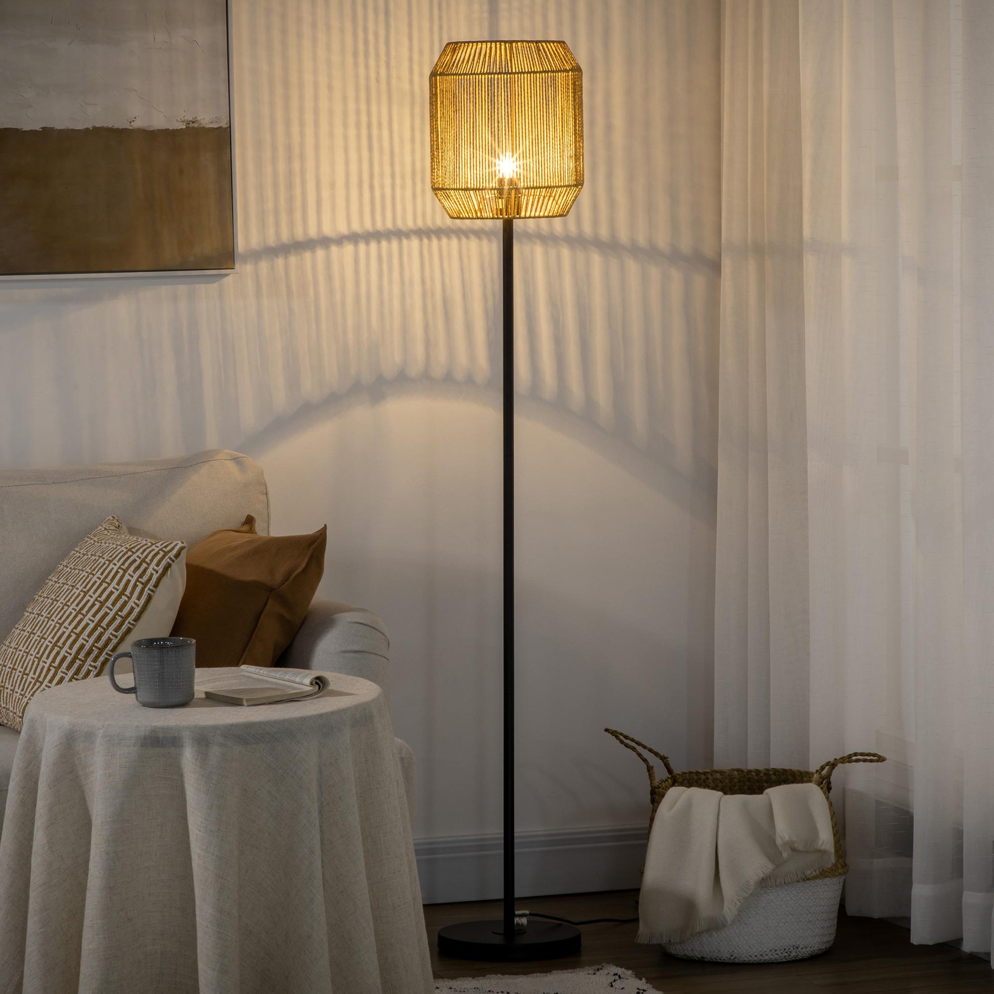 Voir la diapositive 2 : HOMCOM Lampadaire aspect cannage style cosy 40 w max. H.158 cm piètement mât métal noir abat-jour corde papier tressé main