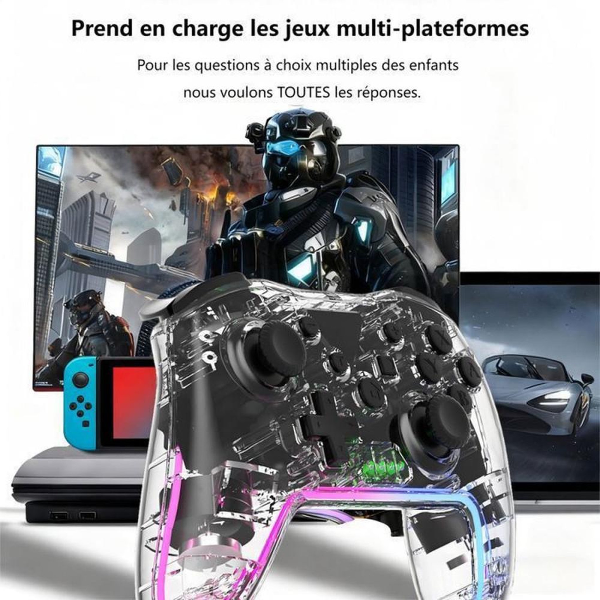 Voir la diapositive 6 : Manette de jeu sans fil transparente RGB 7 couleurs Turbo vibration Bluetooth pour Nintendo Switch 2, Android et PC