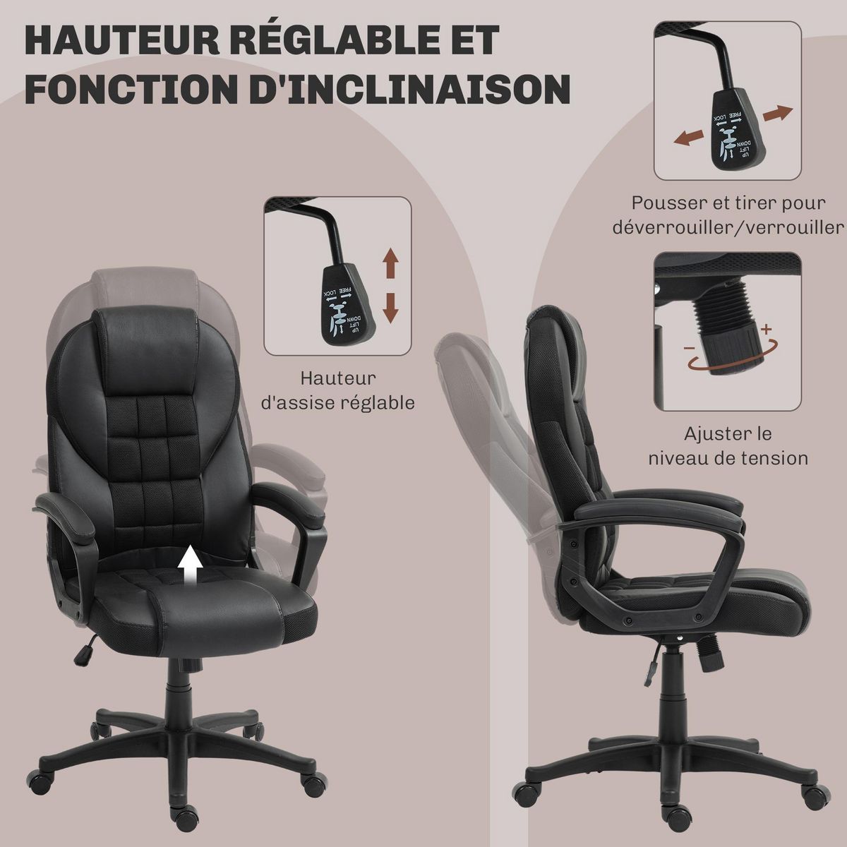 HOMCOM Chaise de bureau manager ergonomique - hauteur réglable, fonction à bascule, pivotant - PU polyester noir