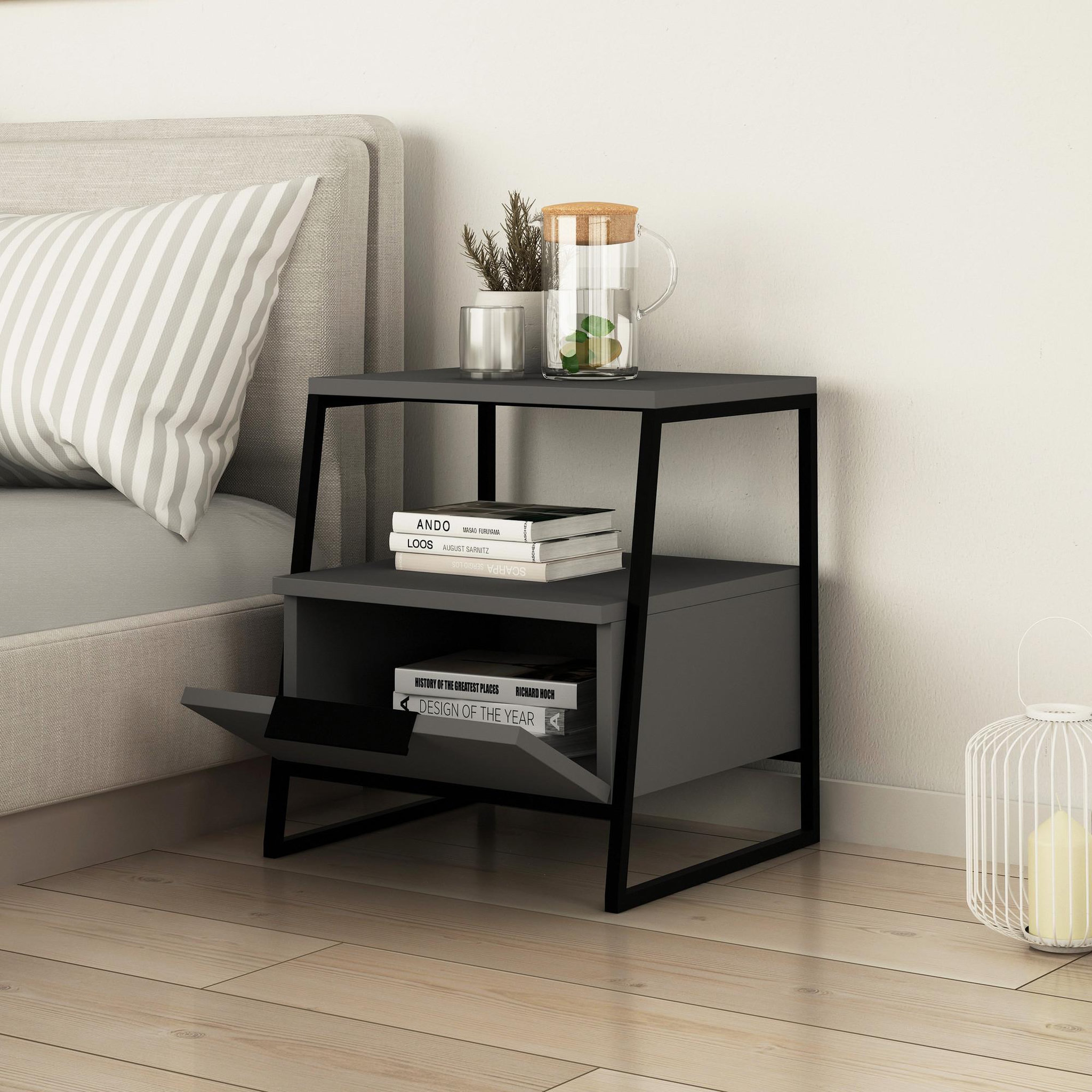 Voir la diapositive 3 : Habitat et Jardin Table de chevet en bois  Pal  - 45 x 40 x 50 cm - Gris anthracite