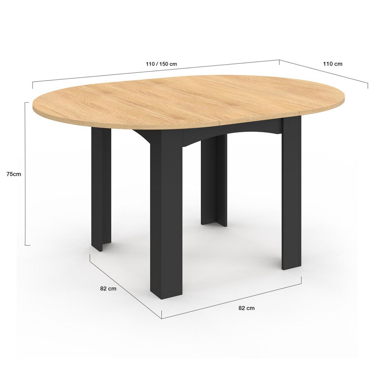 ID MARKET Table à manger extensible ronde DONA 4-8 personnes noire plateau façon hêtre 110-150 cm