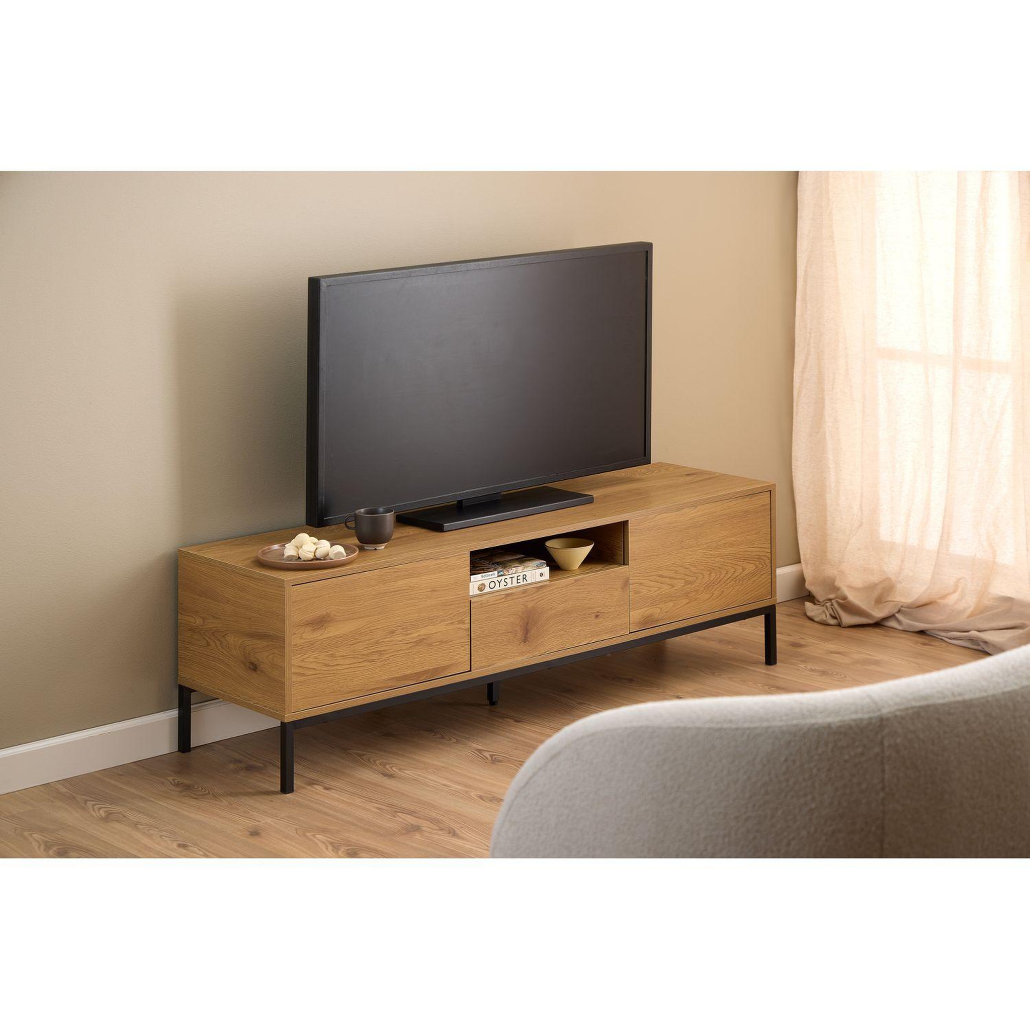 Voir la diapositive 2 : TOILINUX Meuble tv 2 portes et 1 tiroir pieds métal sirene - beige