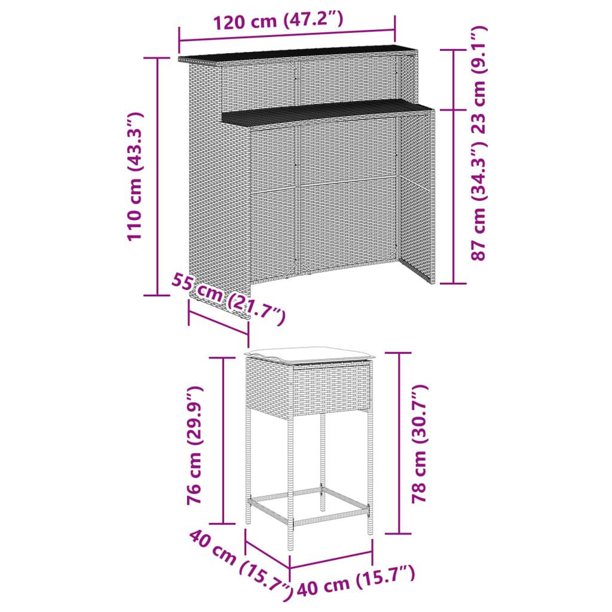 Voir la diapositive 6 : VIDAXL Ensemble de bar de jardin 3 pcs et coussins brun resine tressee