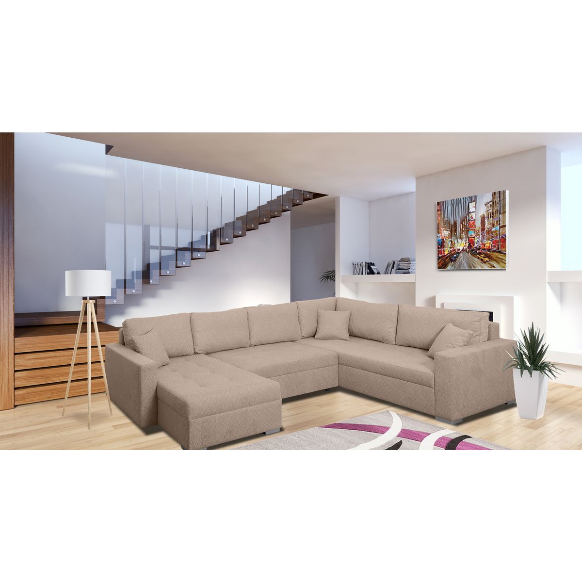 Canapé d'angle droit convertible panoramique 5 places tissu avec coffre MAGNUS