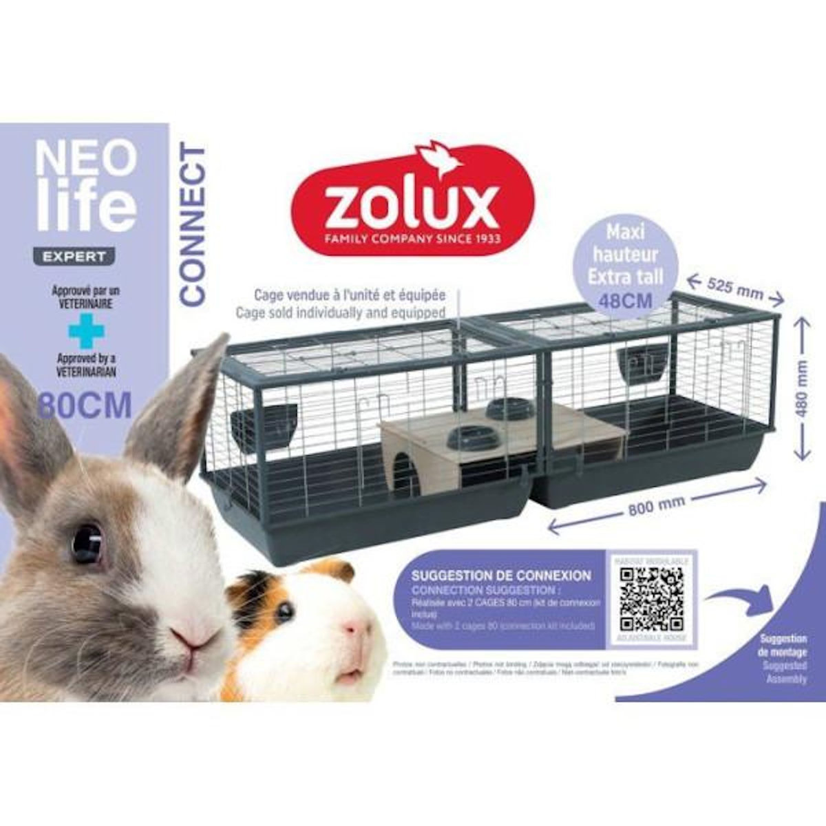 Zolux ZOLUX Cage grillagée cochon d'inde et rongeur Néolife - 80 x 52,5 x 48 cm - Gris