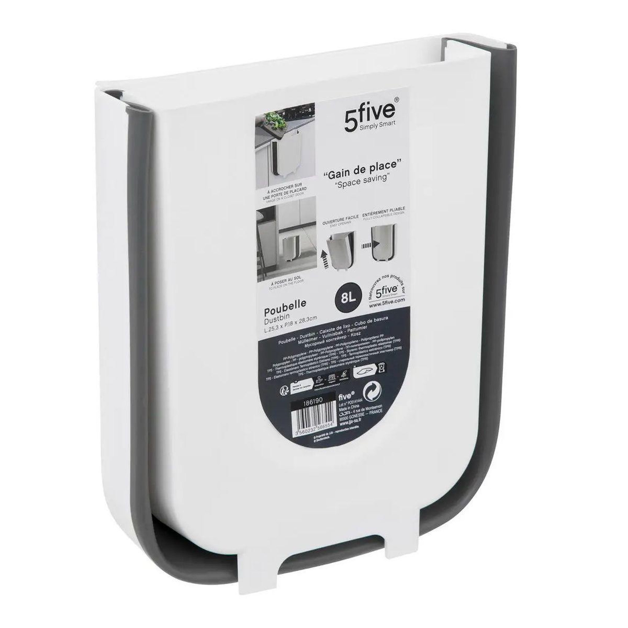Voir la diapositive 2 : FIVE Poubelle de cuisine  rétractable  8l blanc & gris