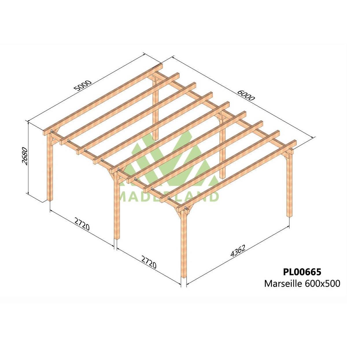 JARDIDECO Pergola en bois lamellé-collé Marseille 600 x 500 cm - Maderland