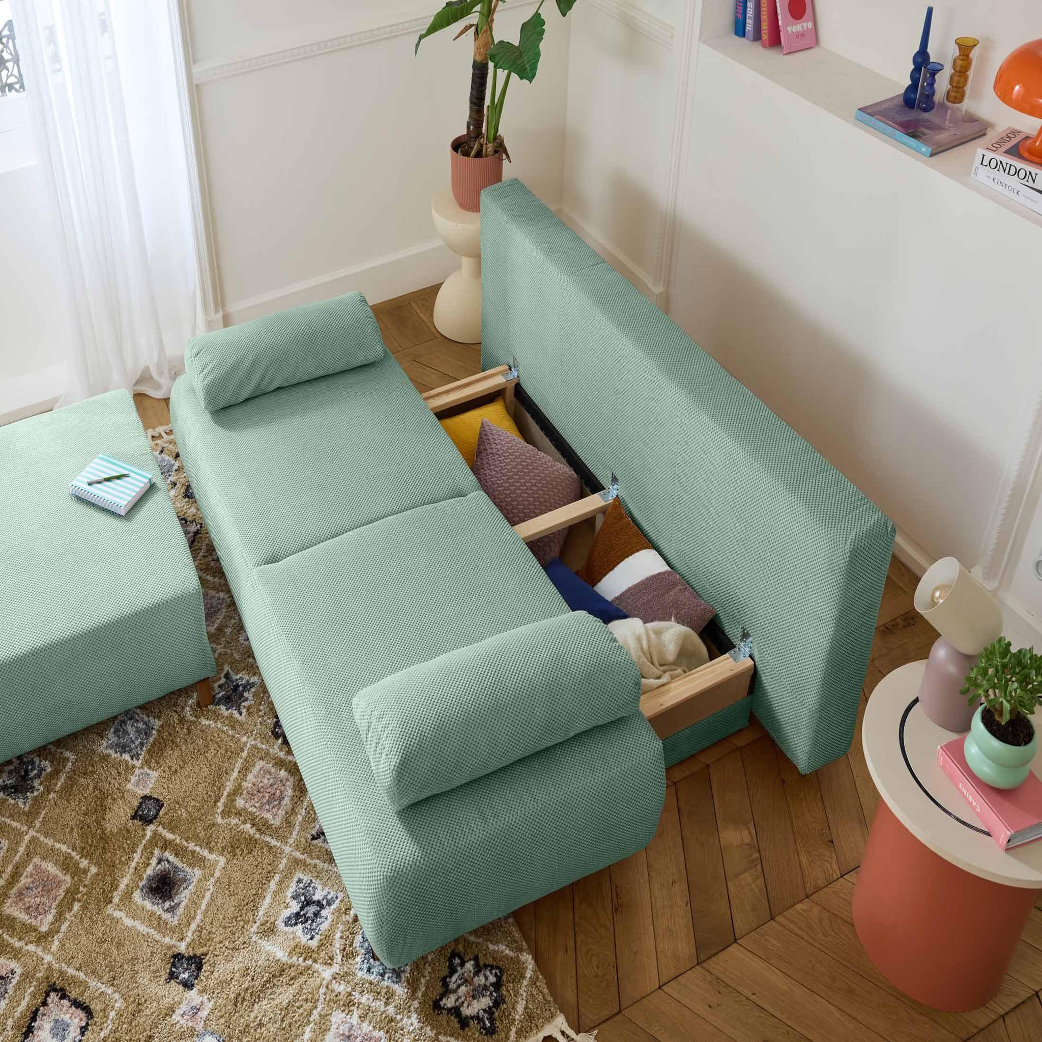 Voir la diapositive 3 : BEST MOBILIER Cristal - canapé 3 places - convertible avec coffre et grand pouf - en velours texturé