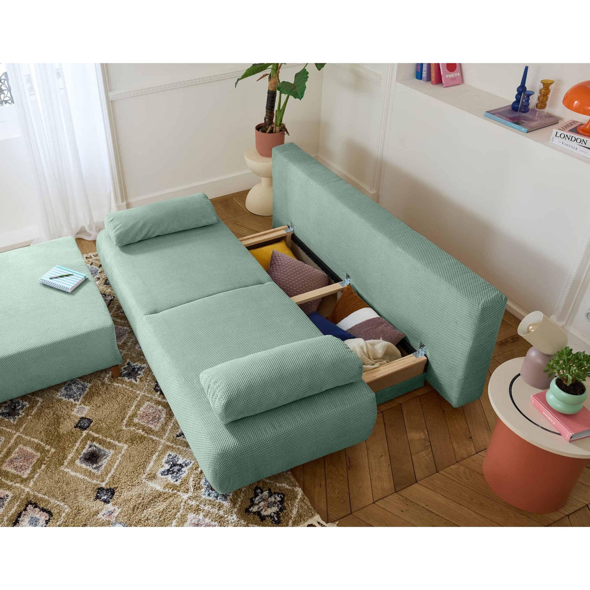 BEST MOBILIER Cristal - canapé 3 places - convertible avec coffre et grand pouf - en velours texturé