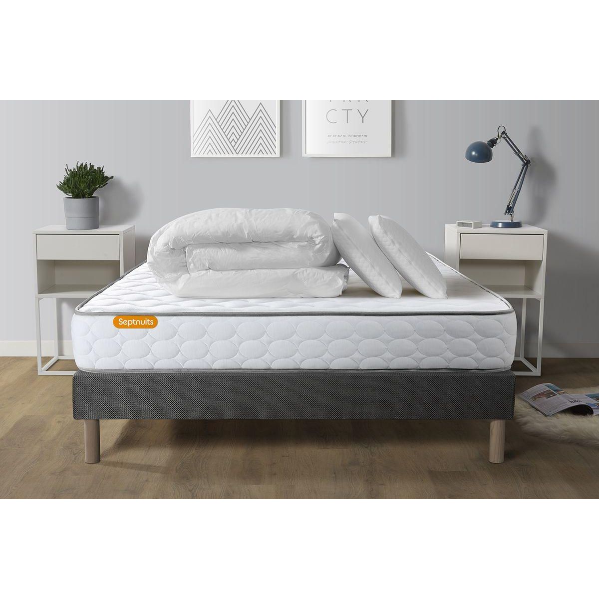 SEPTNUITS Pack matelas Memo + sommier gris + 2 oreillers mémoire de forme