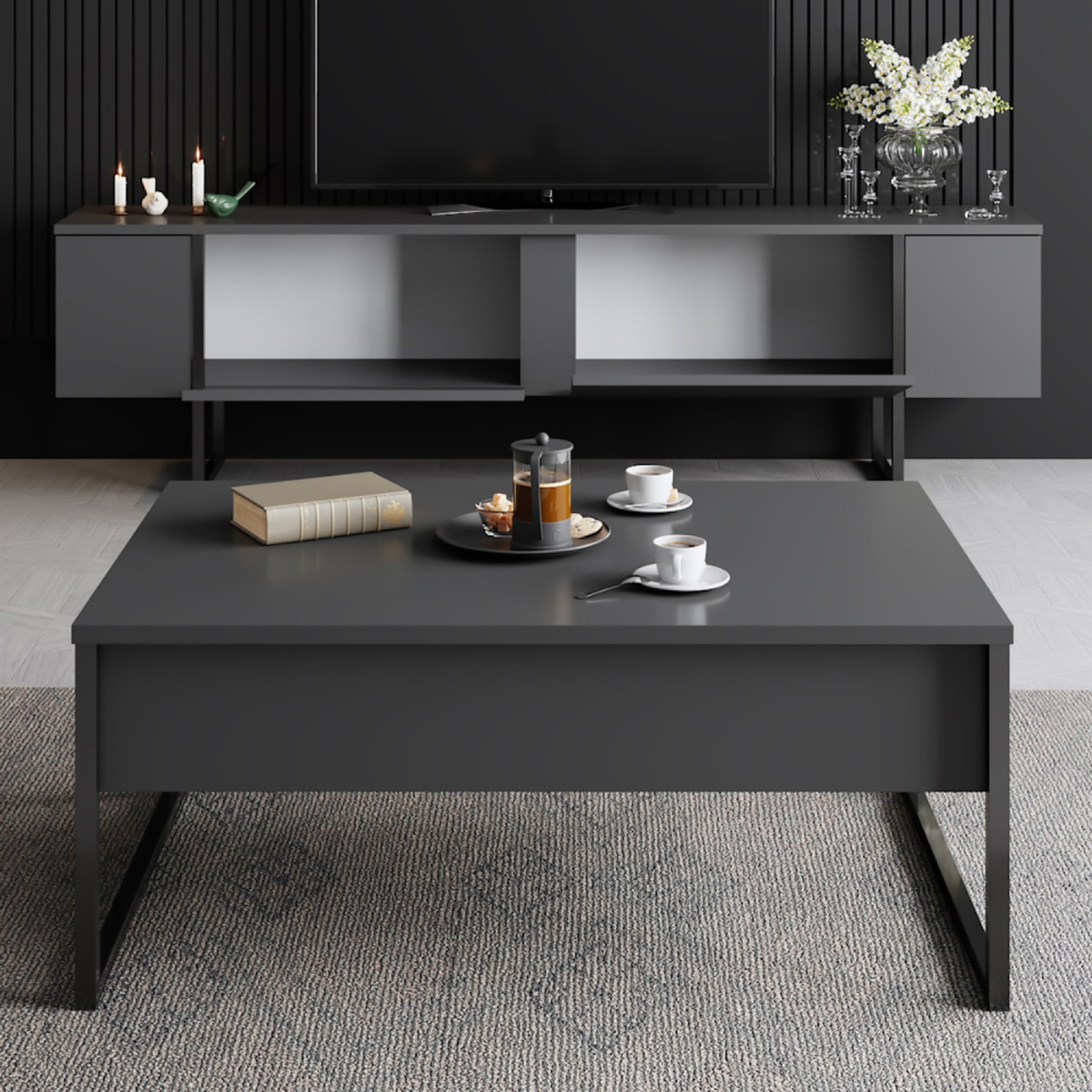 CONCEPT USINE Meuble TV anthracite et noir 2 portes 180cm LUXOR