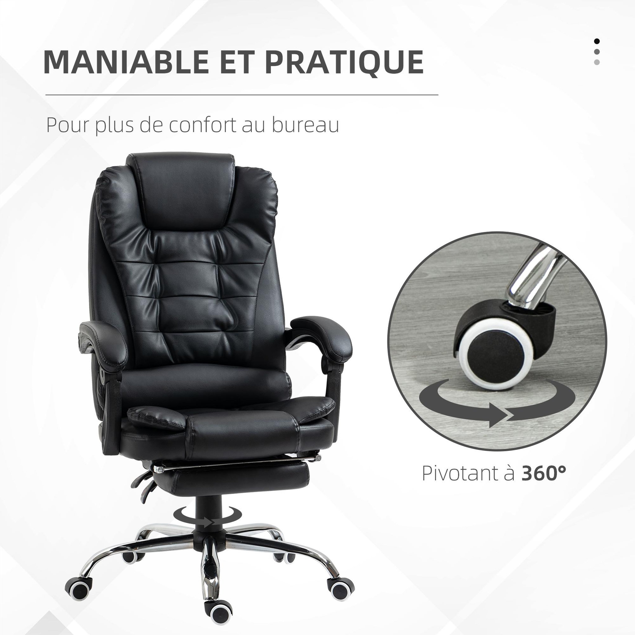 Voir la diapositive 6 : HOMCOM Fauteuil de bureau fauteuil manager grand confort réglable dossier inclinable repose-pied revêtement synthétique noir