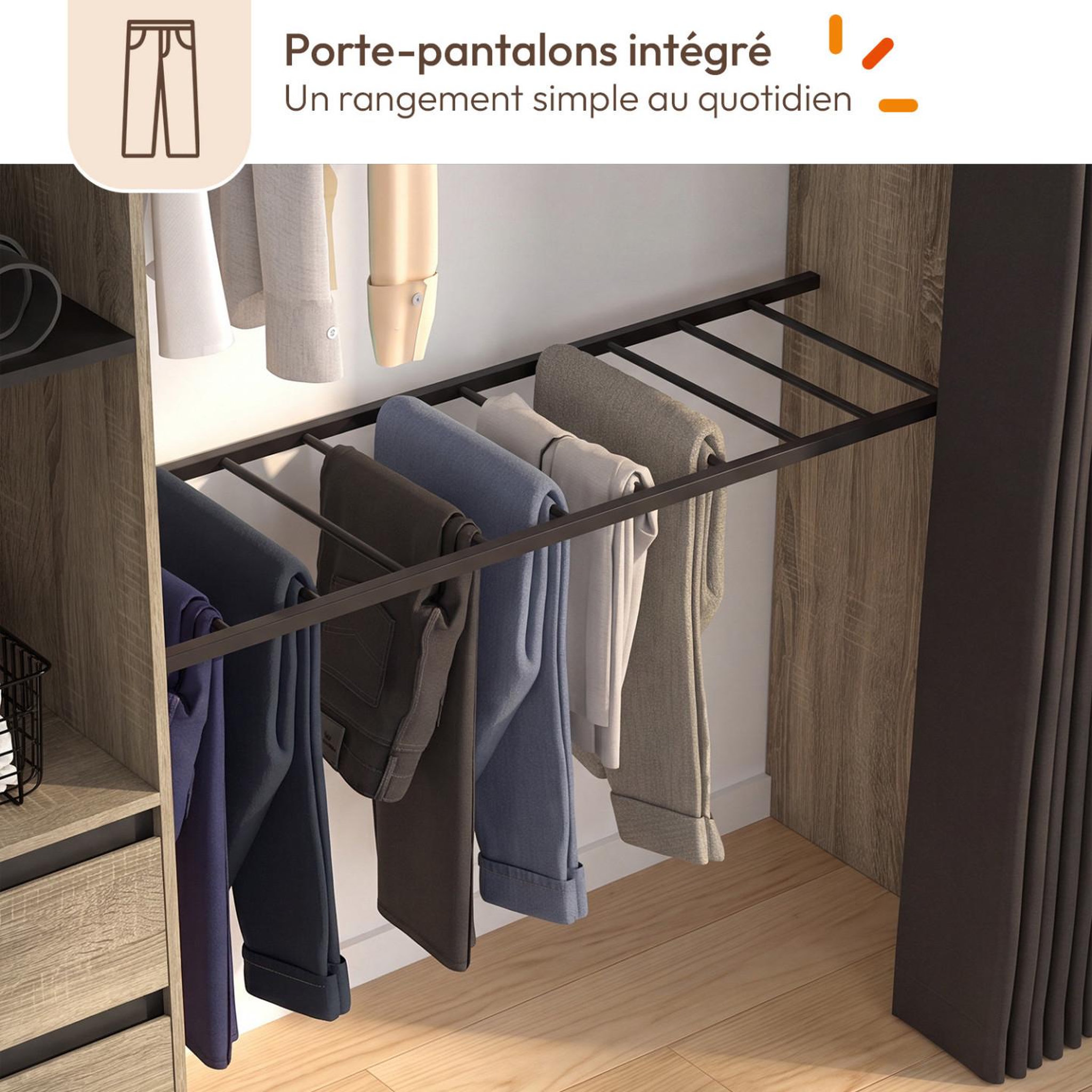 Voir la diapositive 5 : ID MARKET Dressing extensible d'angle marlon 220 x 220 x 180 cm hêtre avec penderies + porte pantalon + étagères + tiroirs + rideaux noirs