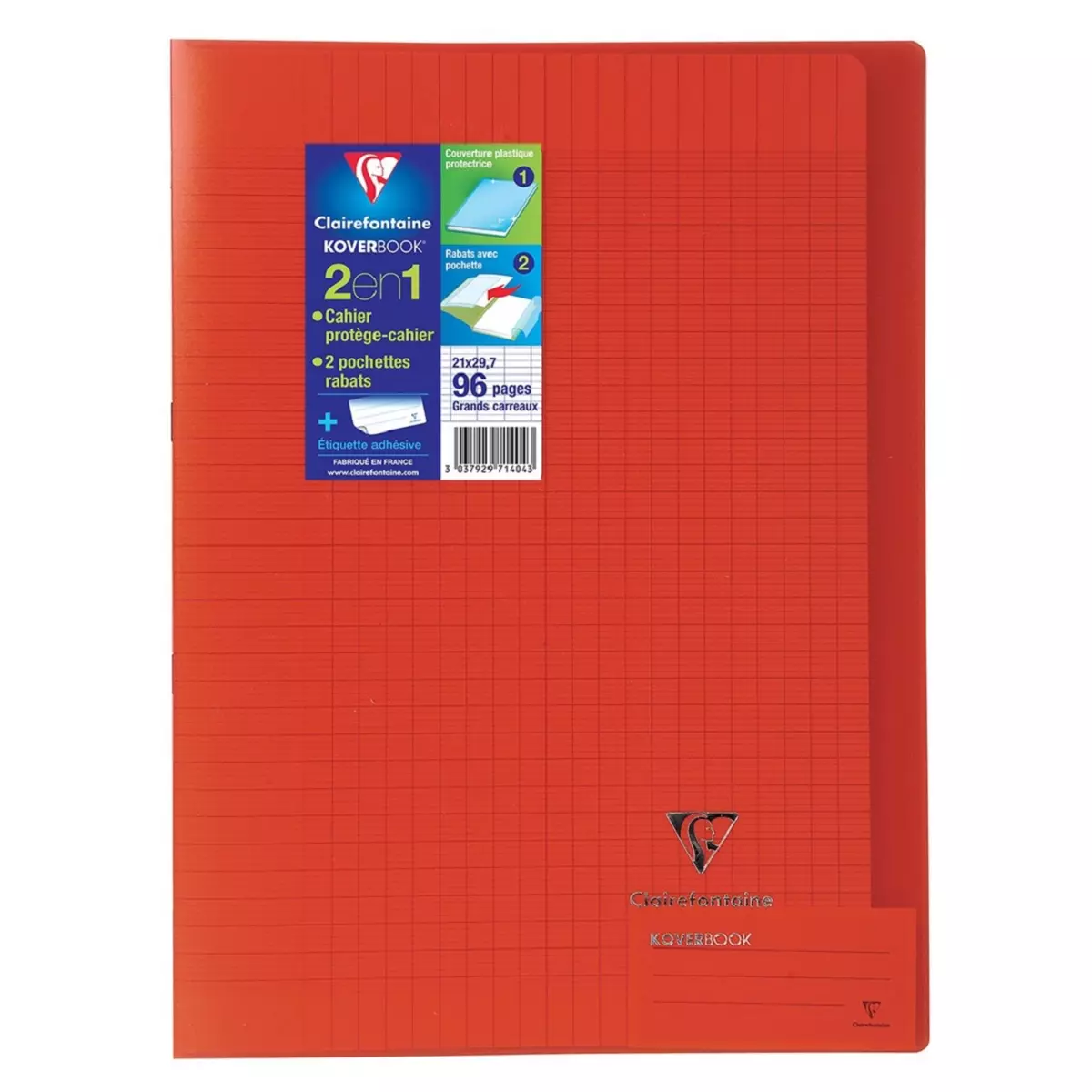 CLAIREFONTAINE Cahier piqué 21x29,7cm 96 pages grands carreaux Seyes Koverbook rouge transparent