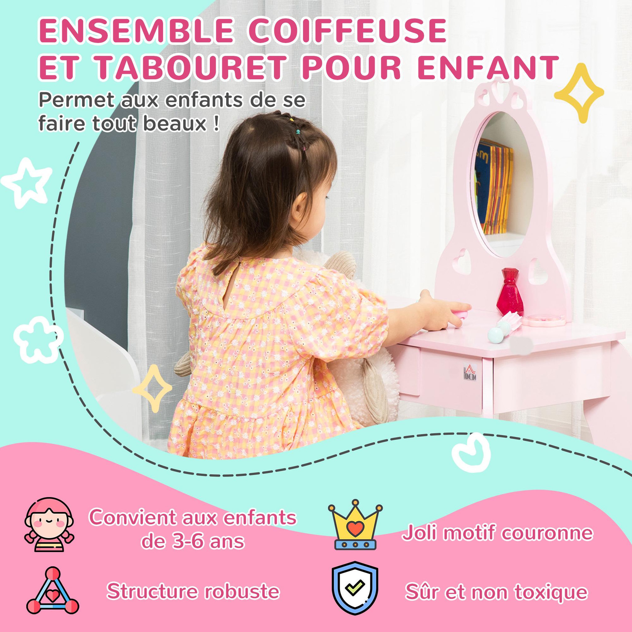 Voir la diapositive 4 : HOMCOM Coiffeuse enfant design girly avec motifs à coeur - tabouret inclus - dim. 60L x 36l x 88H cm - tiroir, miroir - MDF - rose