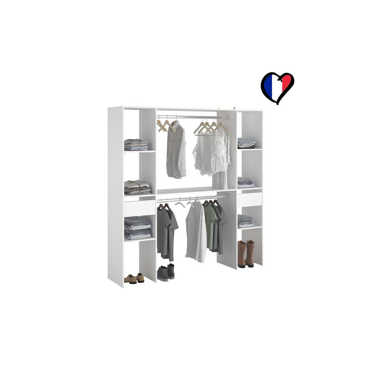 CONCEPT USINE Dressing blanc 6 étagères, 2 tiroirs, 2 penderies 180 x 40 x 180 cm ELYSEE