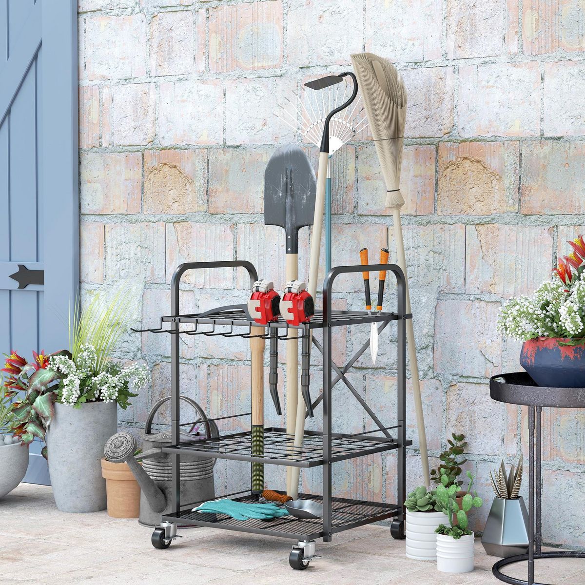 OUTSUNNY Organisateur d'outils de jardin - chariot de jardin - desserte - 9 crochets, 20 compartiments - métal noir