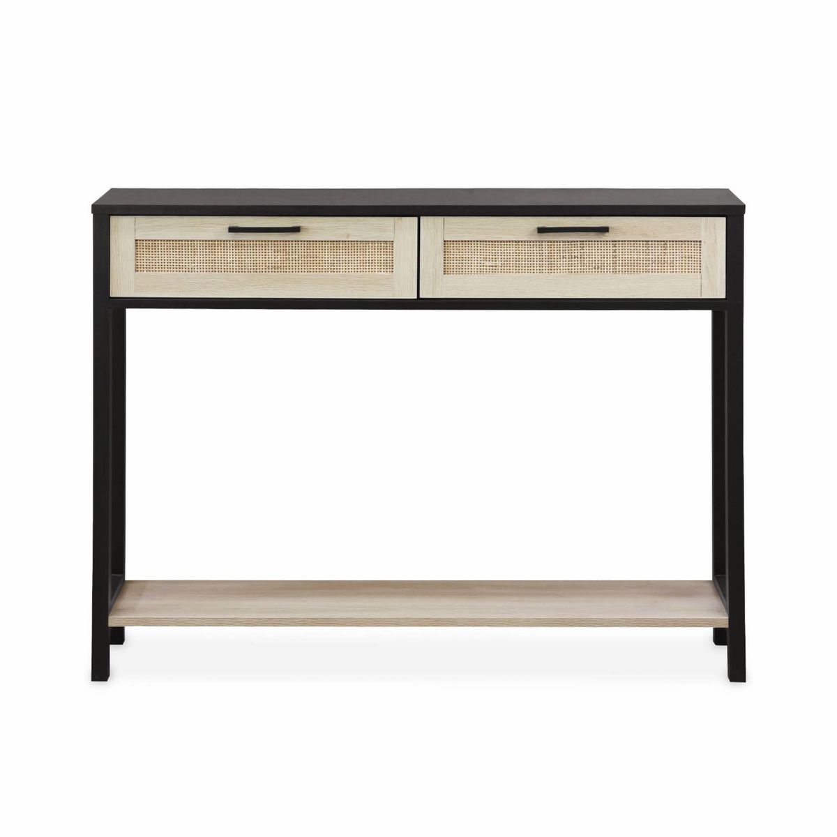 SWEEEK Console décor bois noir et cannage 100 x 30 x 75cm - Bianca - 2 tiroirs - 1 étagère