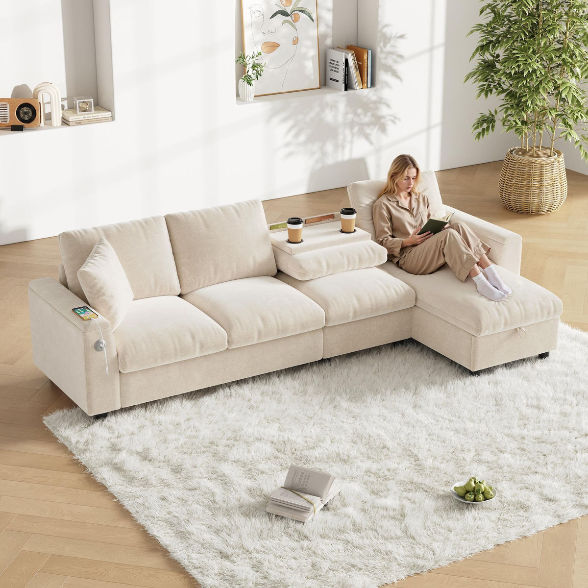 MERAX Canapé d'angle réversible fixe 4 places tissu coffre de rangement
