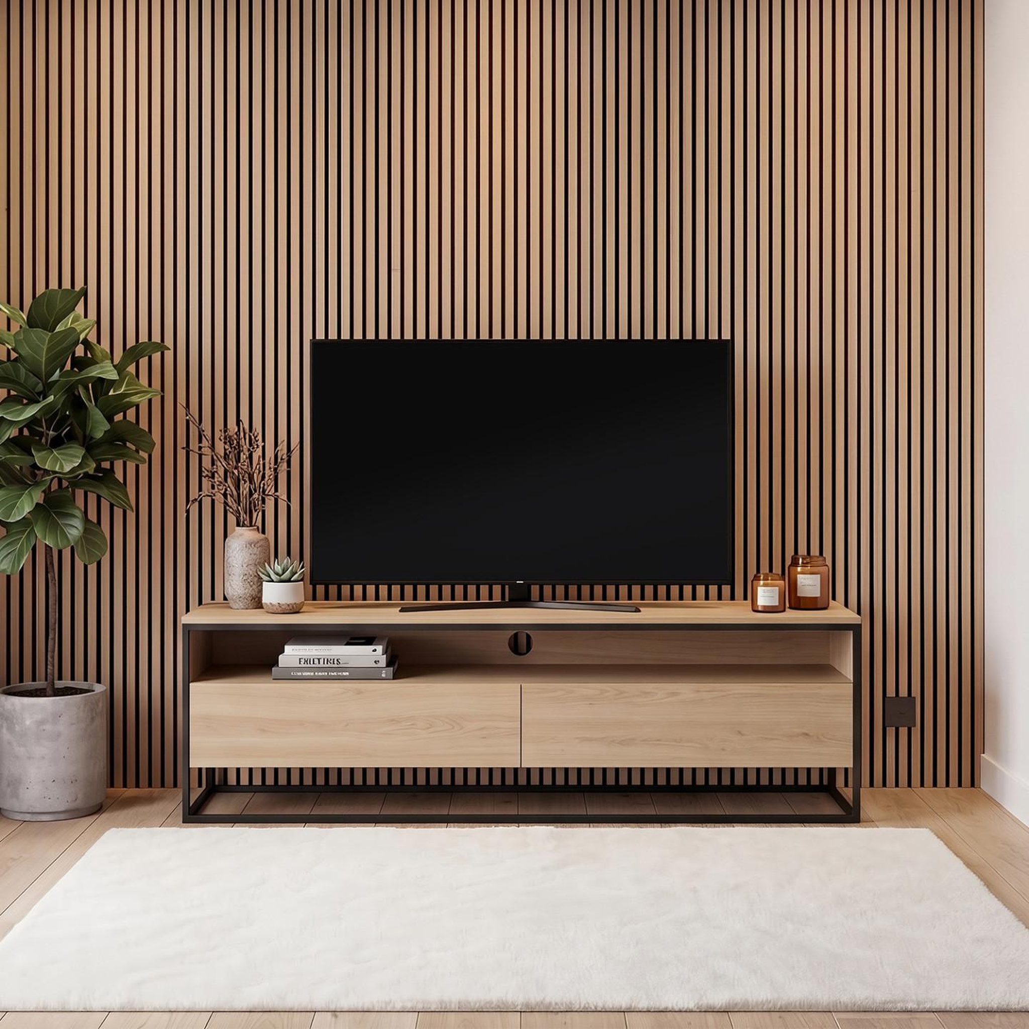Voir la diapositive 4 : ID MARKET Panneaux acoustiques en tasseaux de bois 240 x 60 cm effet chêne clair et noir
