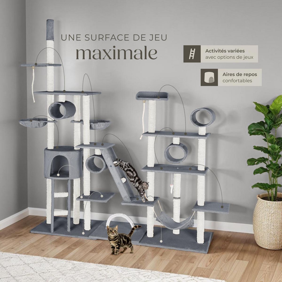 tectake Arbre à chat 234 à 261 cm avec griffoir et plateforme d'escalade gris