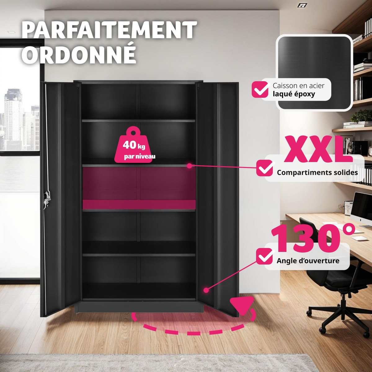 tectake Armoire de classement en acier lâqué époxy noir