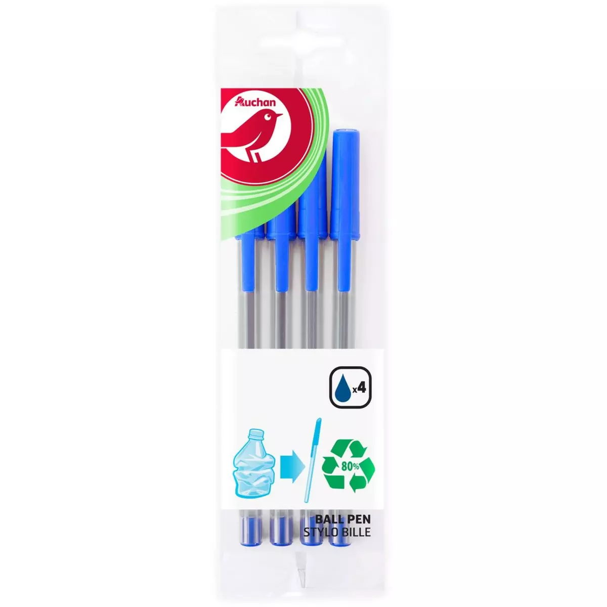 AUCHAN Lot de 4 stylos bille pointe moyenne encre bleue