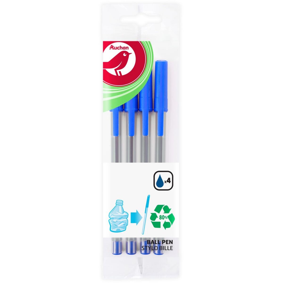 AUCHAN Lot de 4 stylos bille pointe moyenne encre bleue