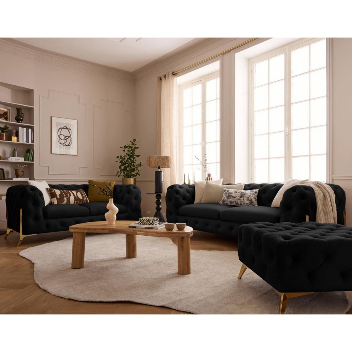 LISA DESIGN Camden - canapé 3 places chesterfield en velours - pieds en métal doré