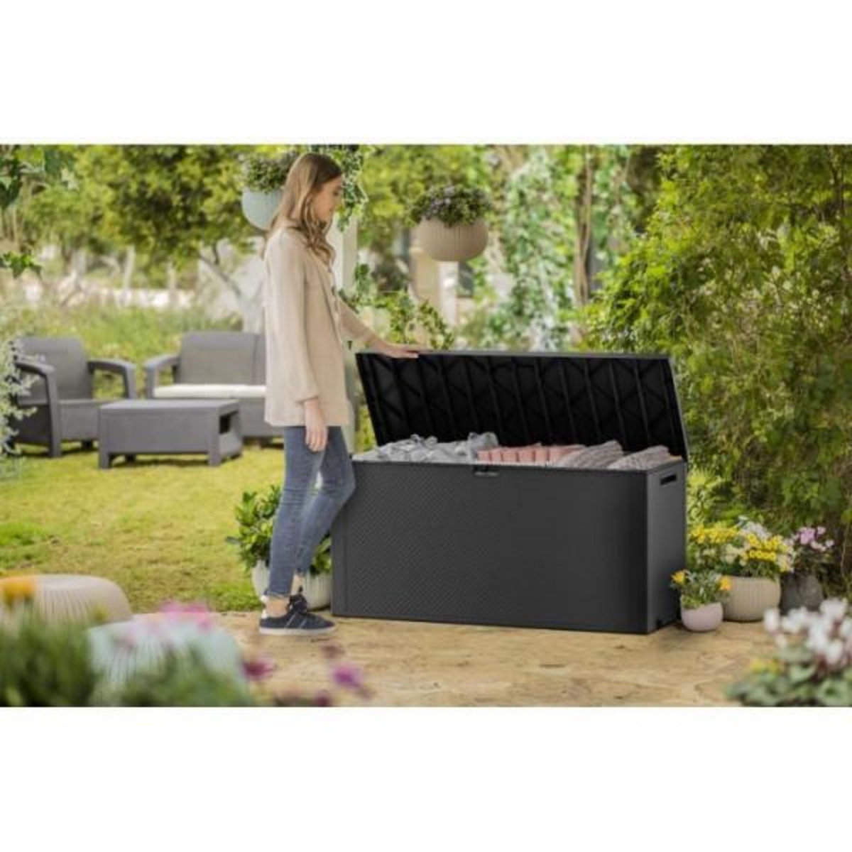Keter Coffre de rangement KETER extérieur en résine 270 litres Gris - Malle de jardin Emily