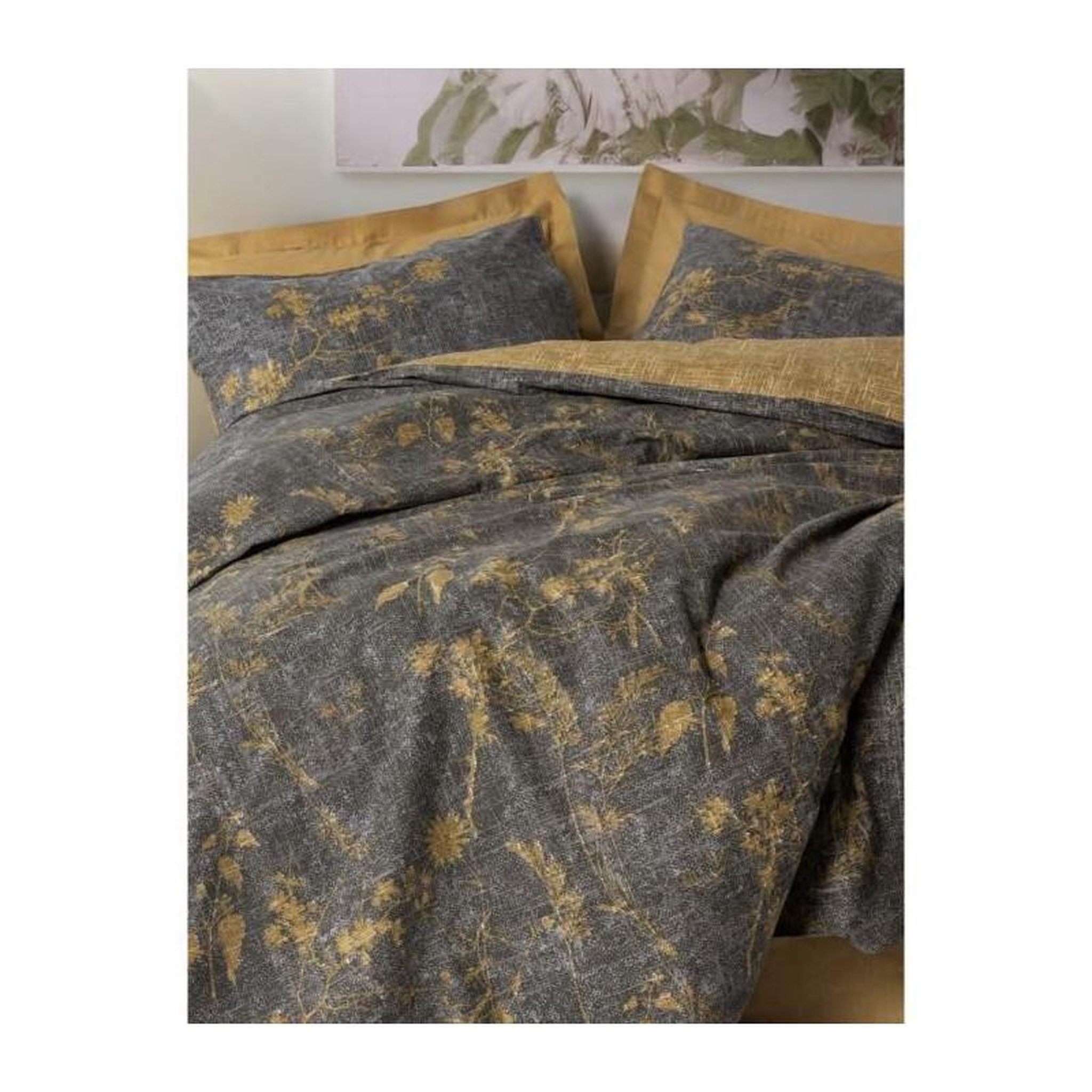 Voir la diapositive 4 : GENERIQUE Parure de lit - 129CTN64839 - 1 housse de couette 220 x 240 cm + 2 taies d'oreiller 60 x 60 cm - 100% coton ranforcé - Moutarde